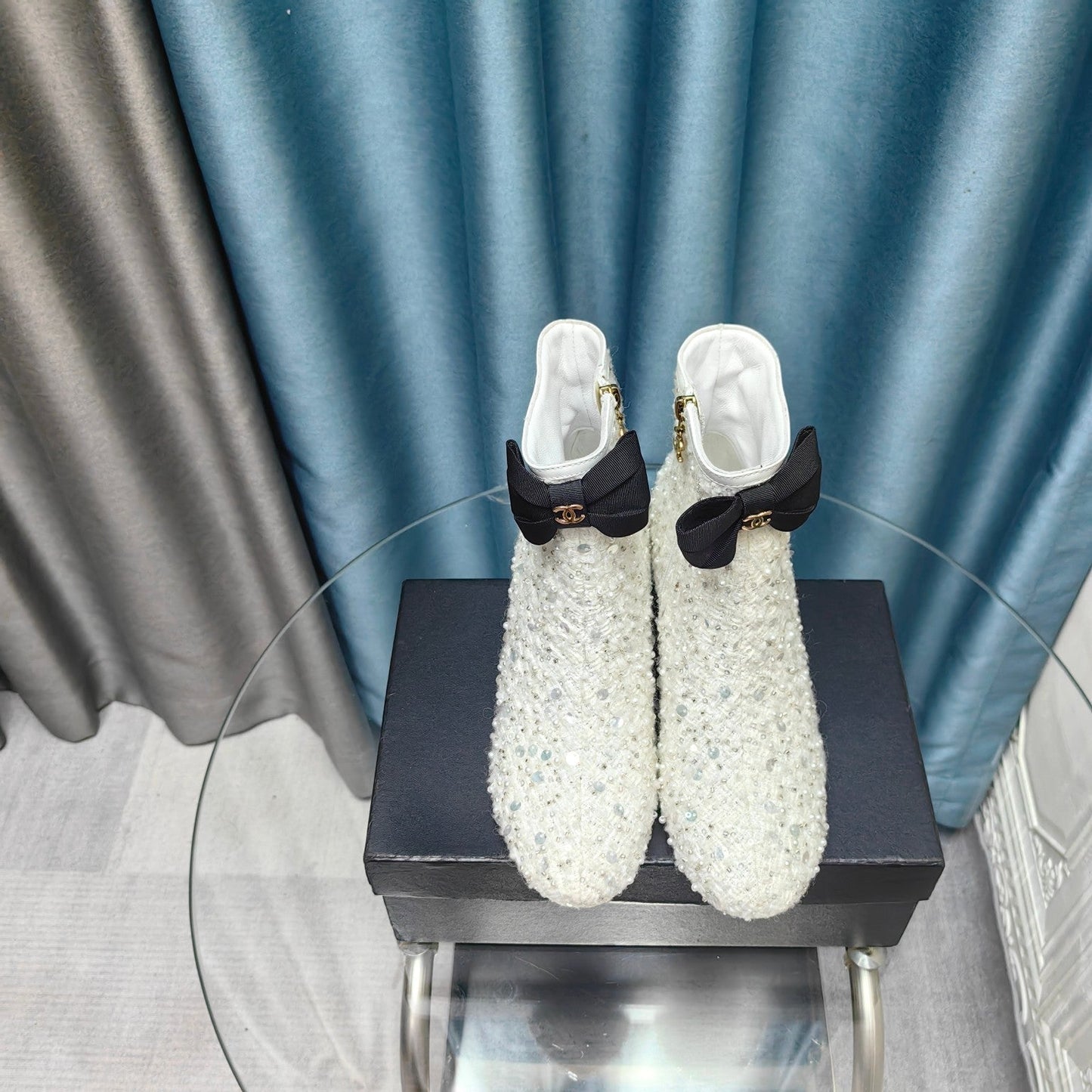 CHANEL Ankle Boots White Bow Tweed Sequin Beaded Fabric