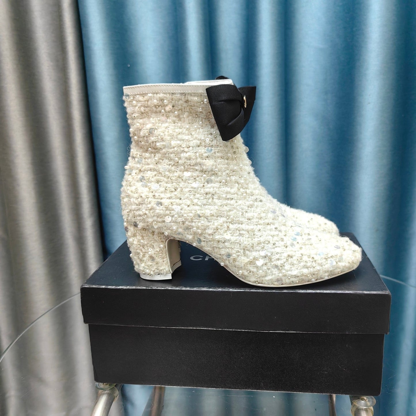 CHANEL Ankle Boots White Bow Tweed Sequin Beaded Fabric