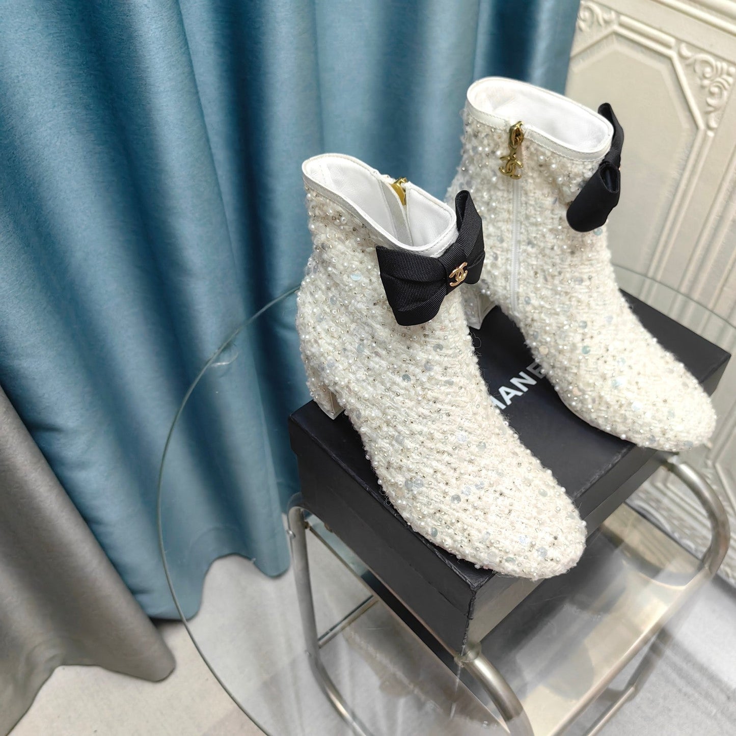 CHANEL Ankle Boots White Bow Tweed Sequin Beaded Fabric