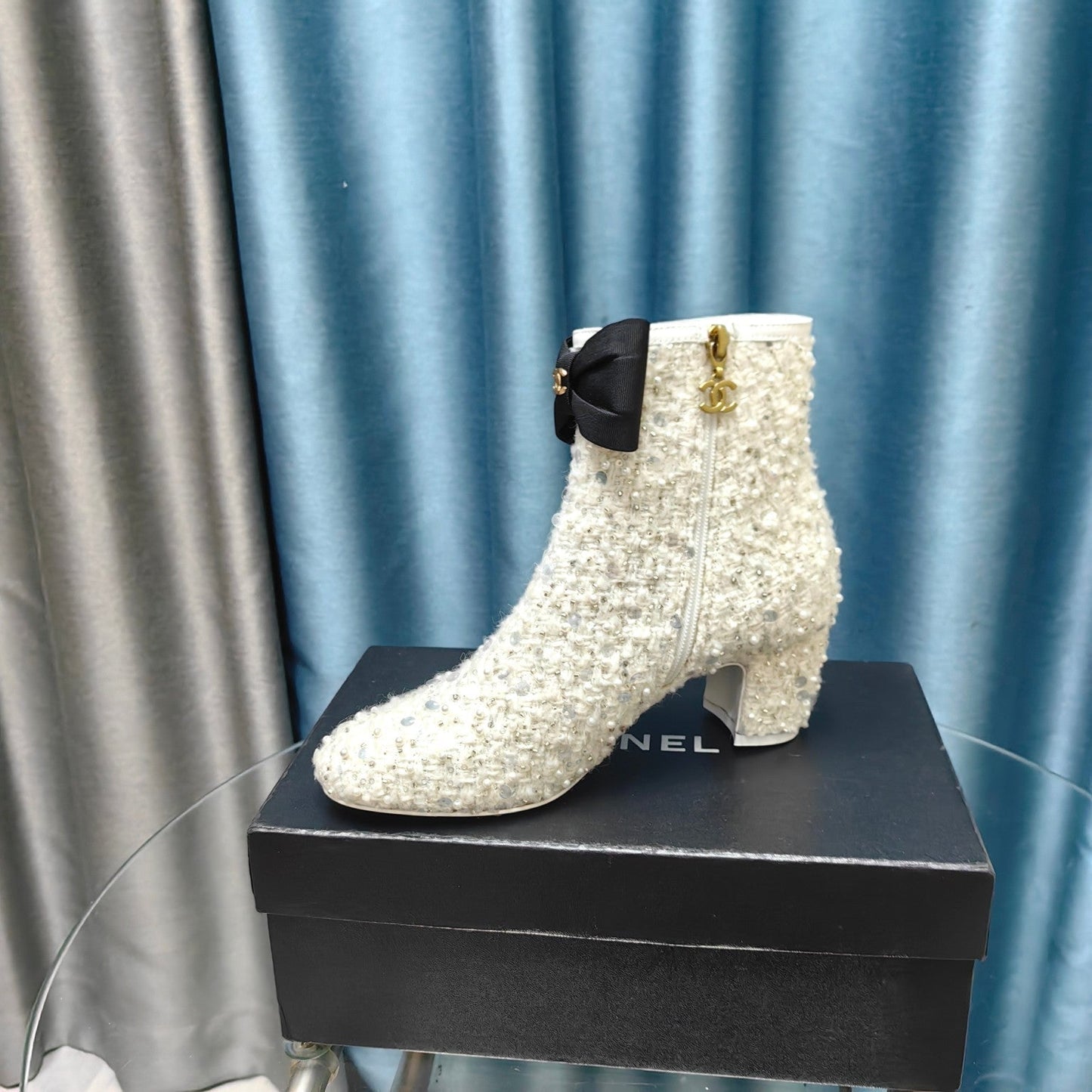 CHANEL Ankle Boots White Bow Tweed Sequin Beaded Fabric