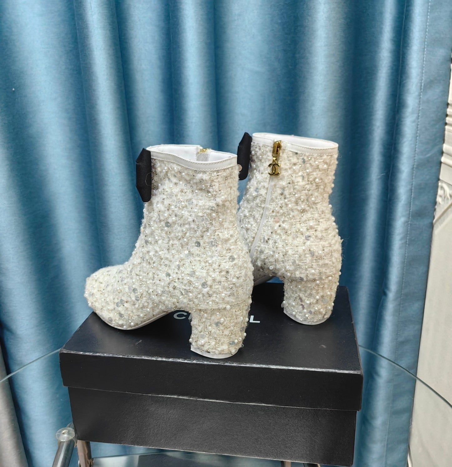 CHANEL Ankle Boots White Bow Tweed Sequin Beaded Fabric