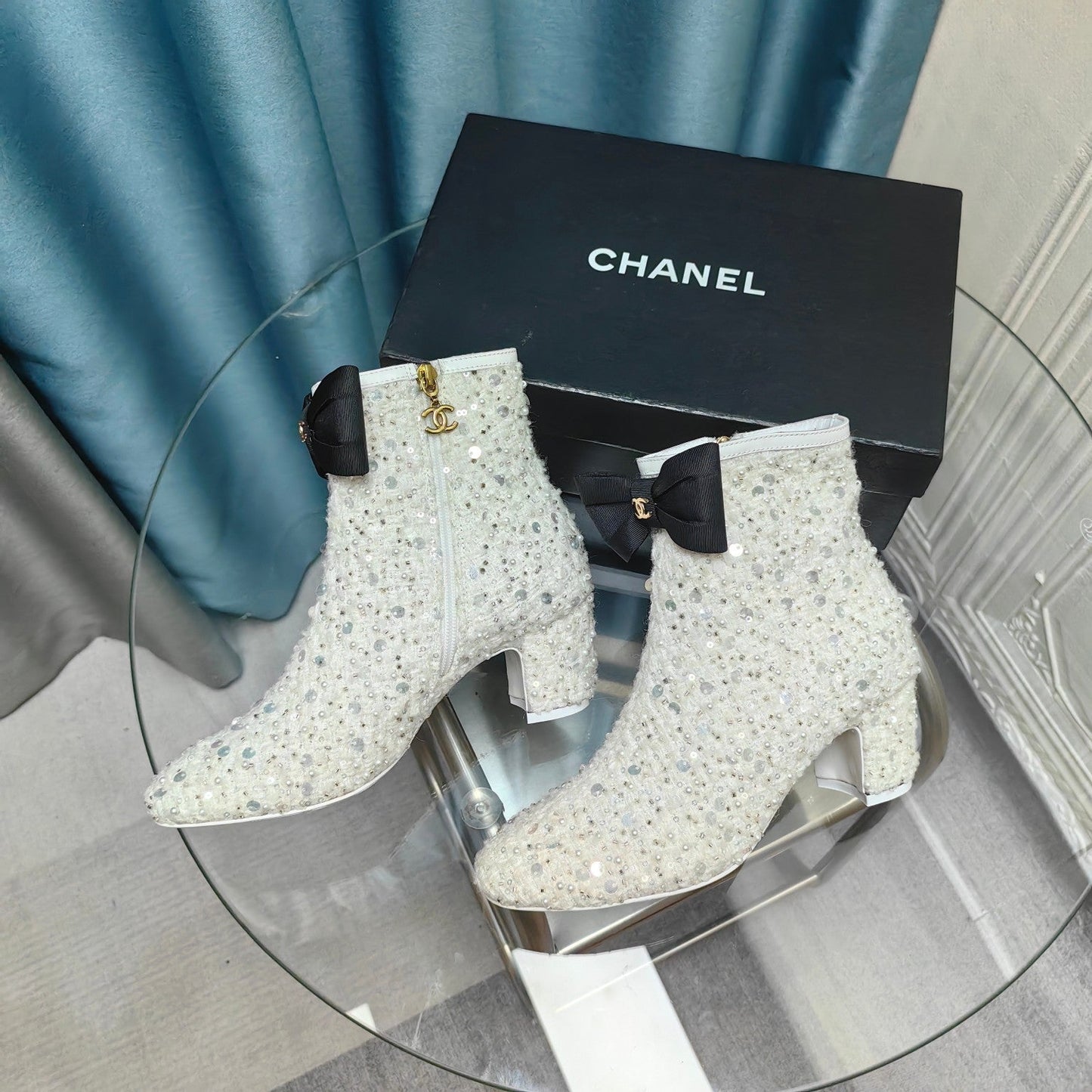 CHANEL Ankle Boots White Bow Tweed Sequin Beaded Fabric