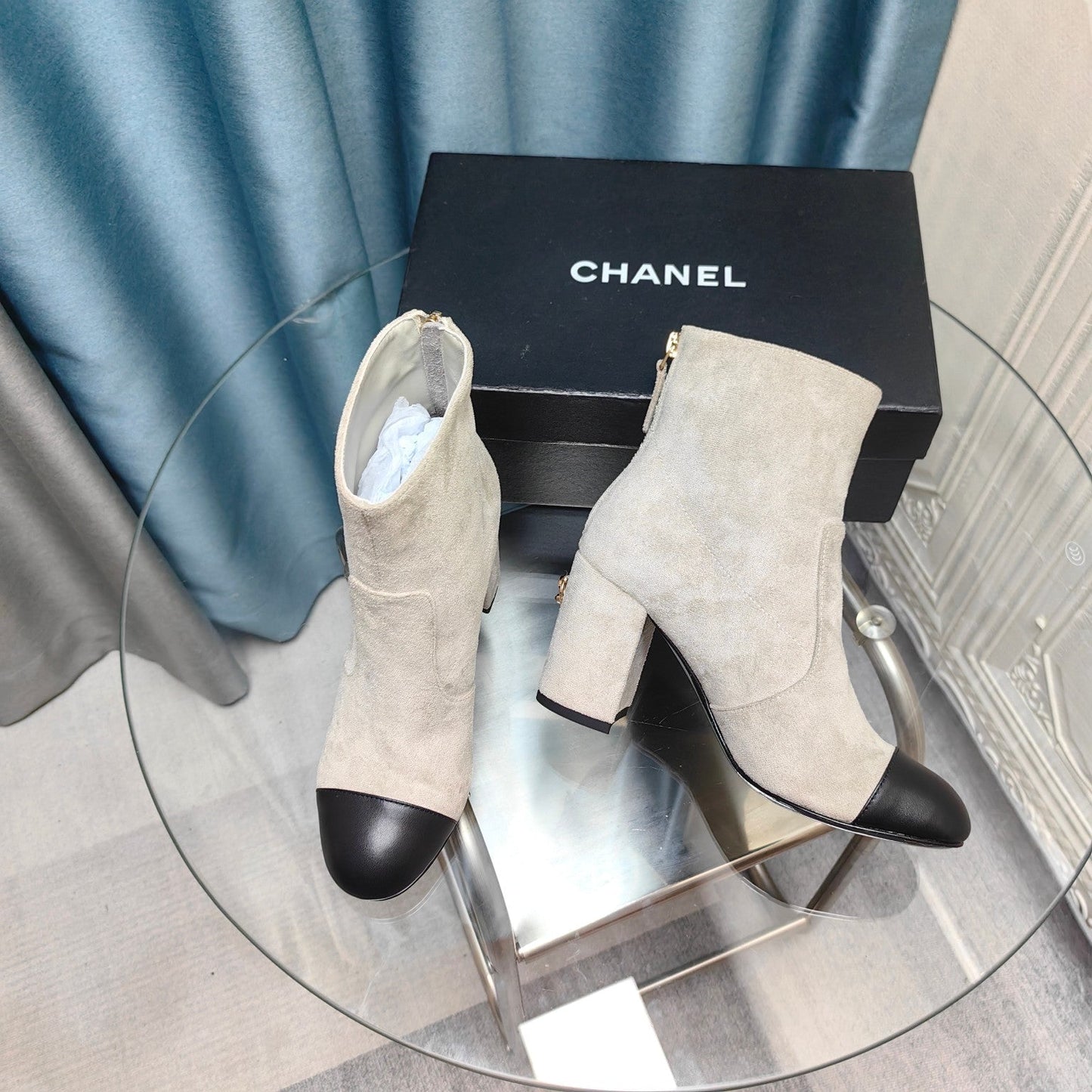 CHANEL Ankle Boots 70mm White Suede