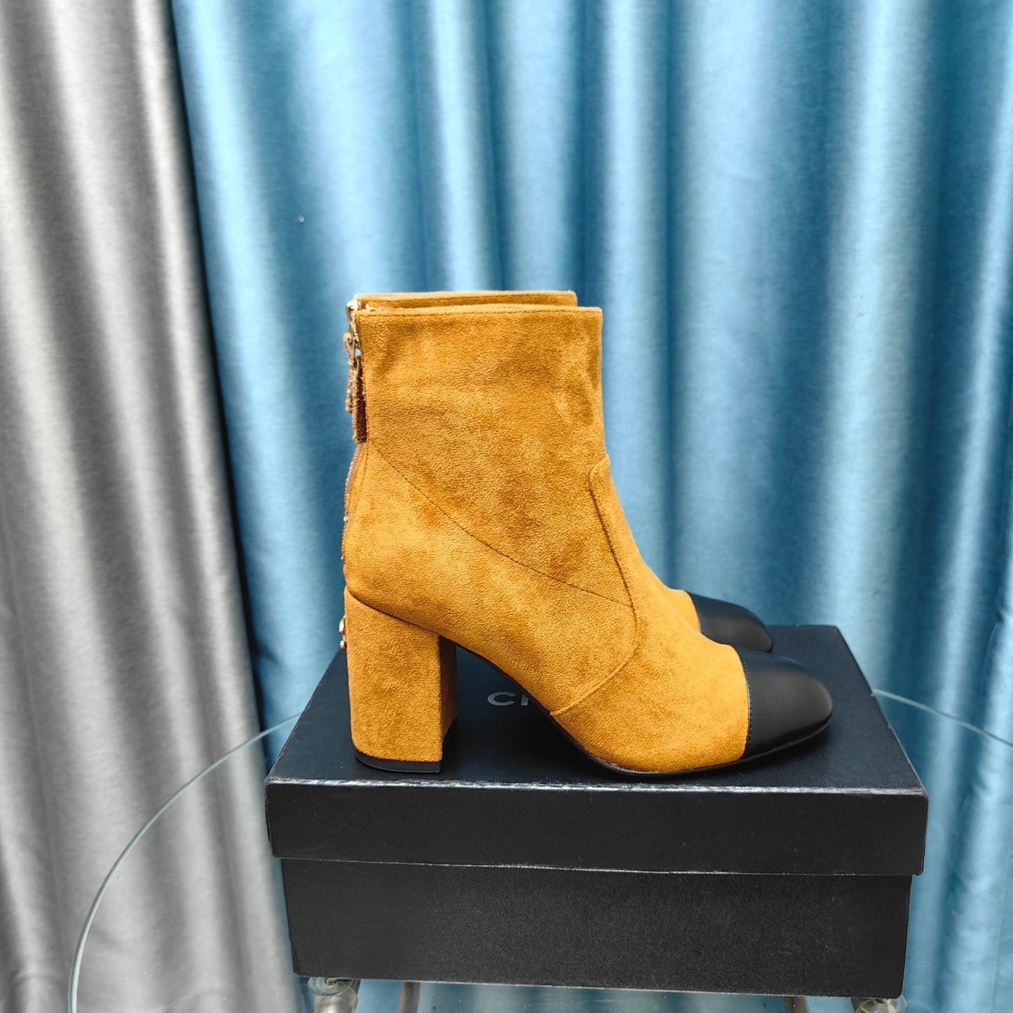 CHANEL Ankle Boots 70mm Yellow Orange Suede