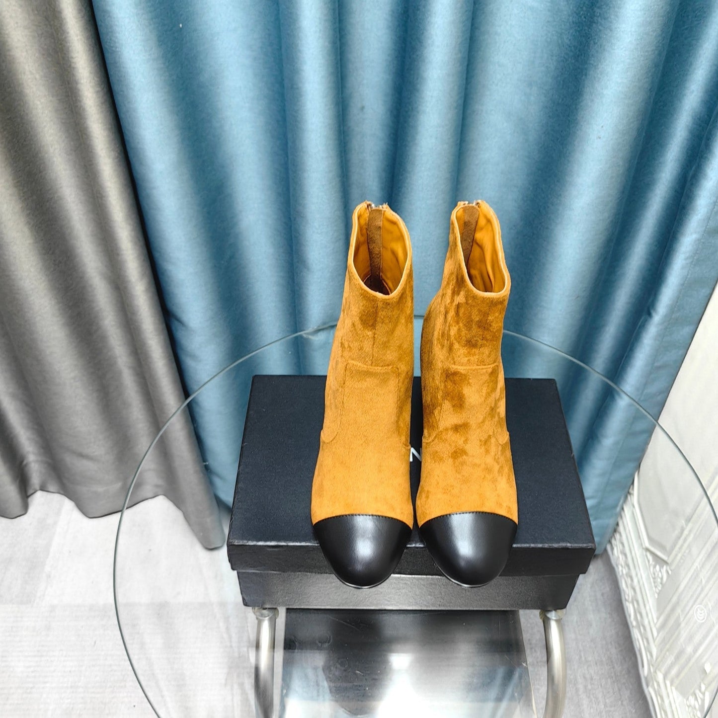 CHANEL Ankle Boots 70mm Yellow Orange Suede