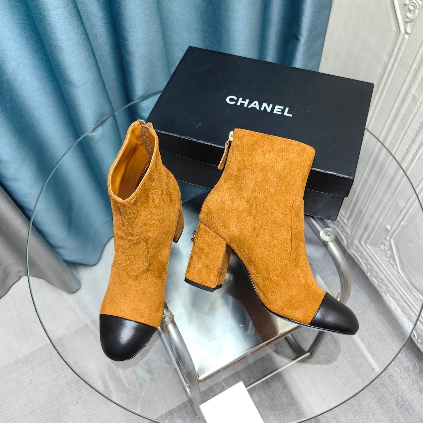 CHANEL Ankle Boots 70mm Yellow Orange Suede