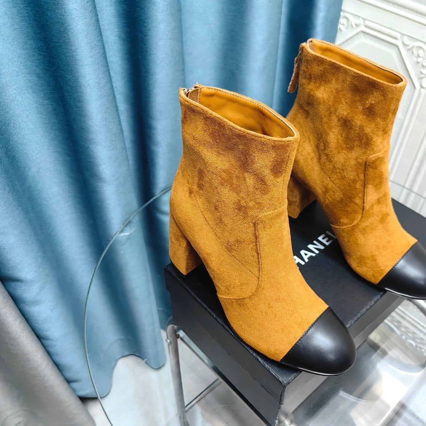 CHANEL Ankle Boots 70mm Yellow Orange Suede