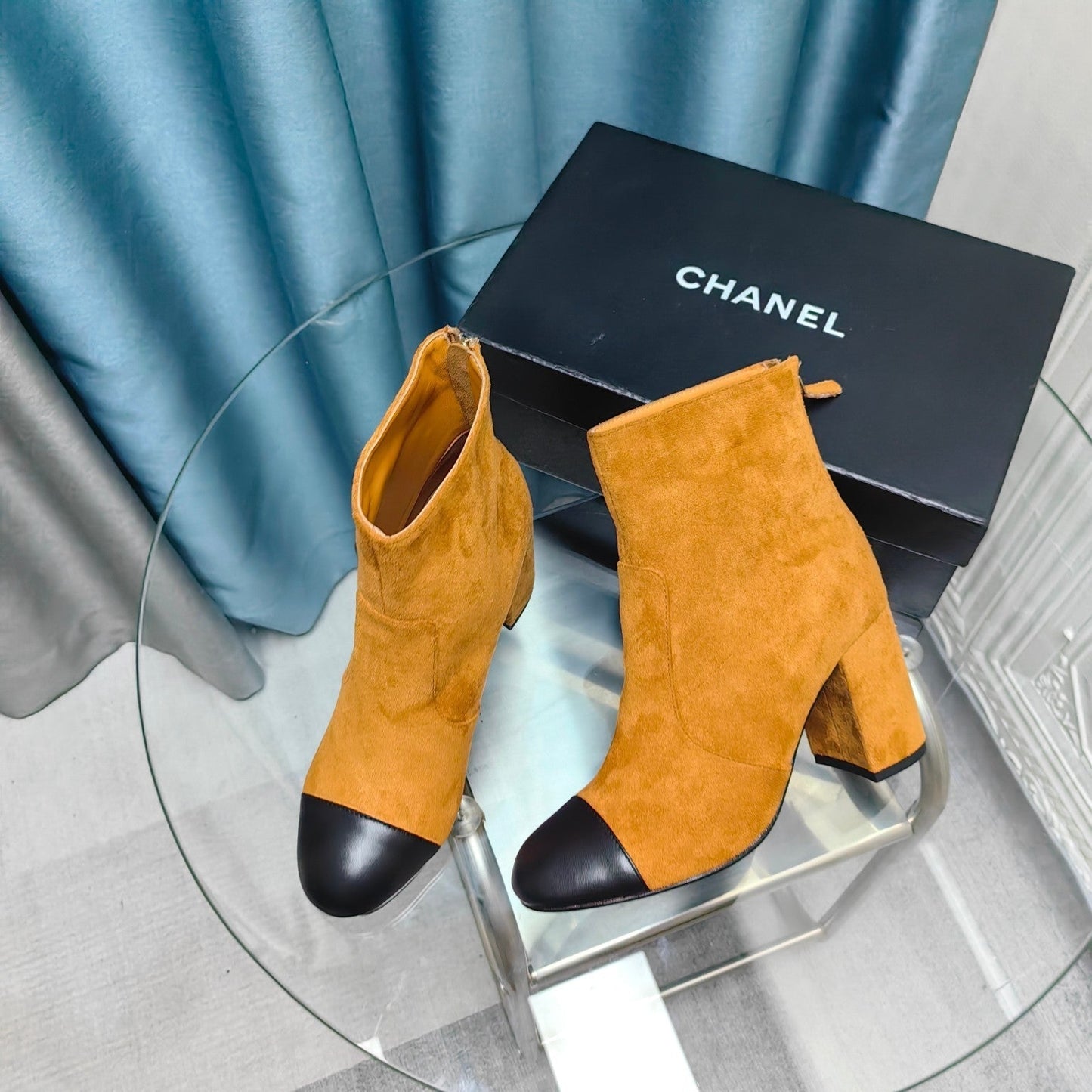 CHANEL Ankle Boots 70mm Yellow Orange Suede