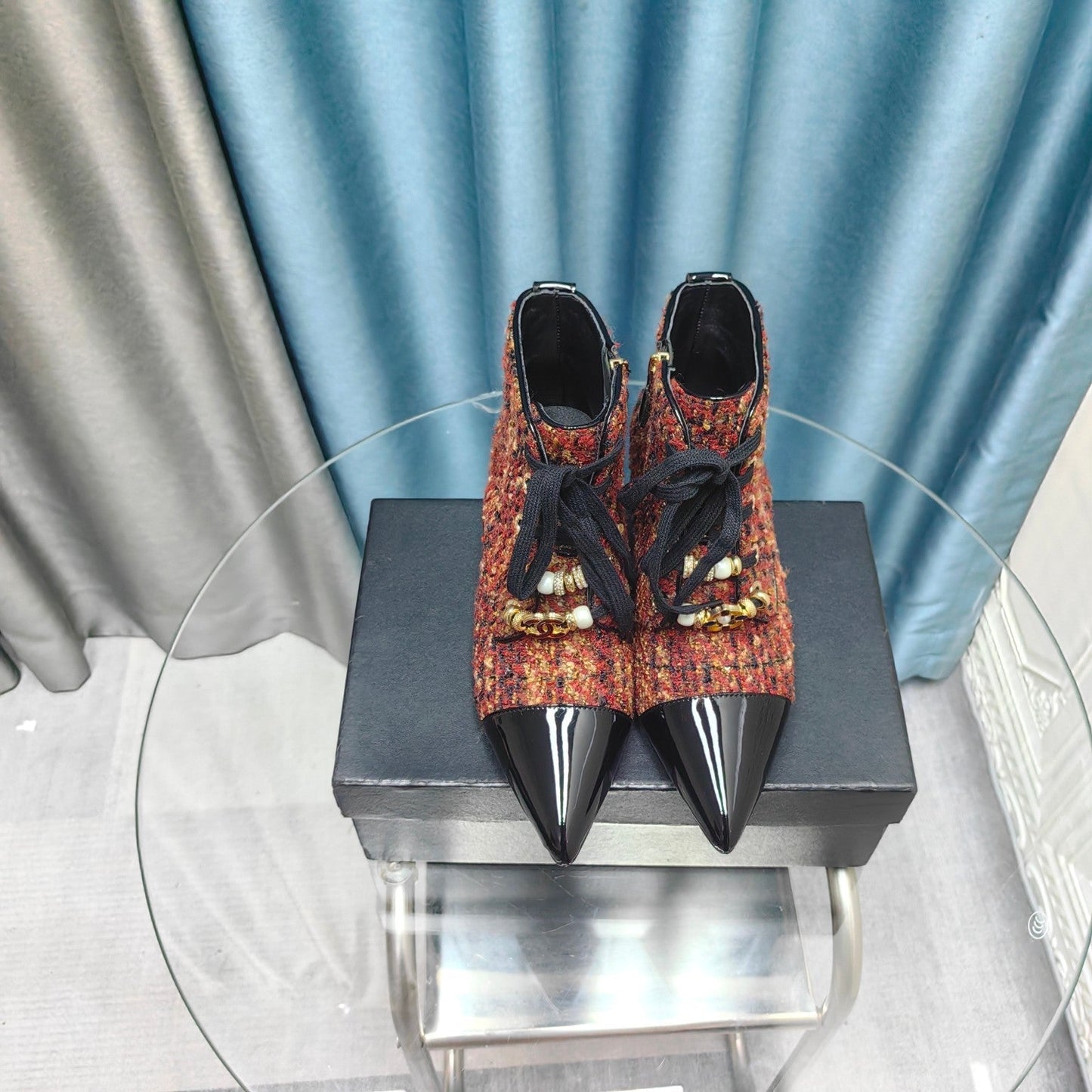 CHANEL Ankle Boots Red Orange Tweed Fabric And Lambskin
