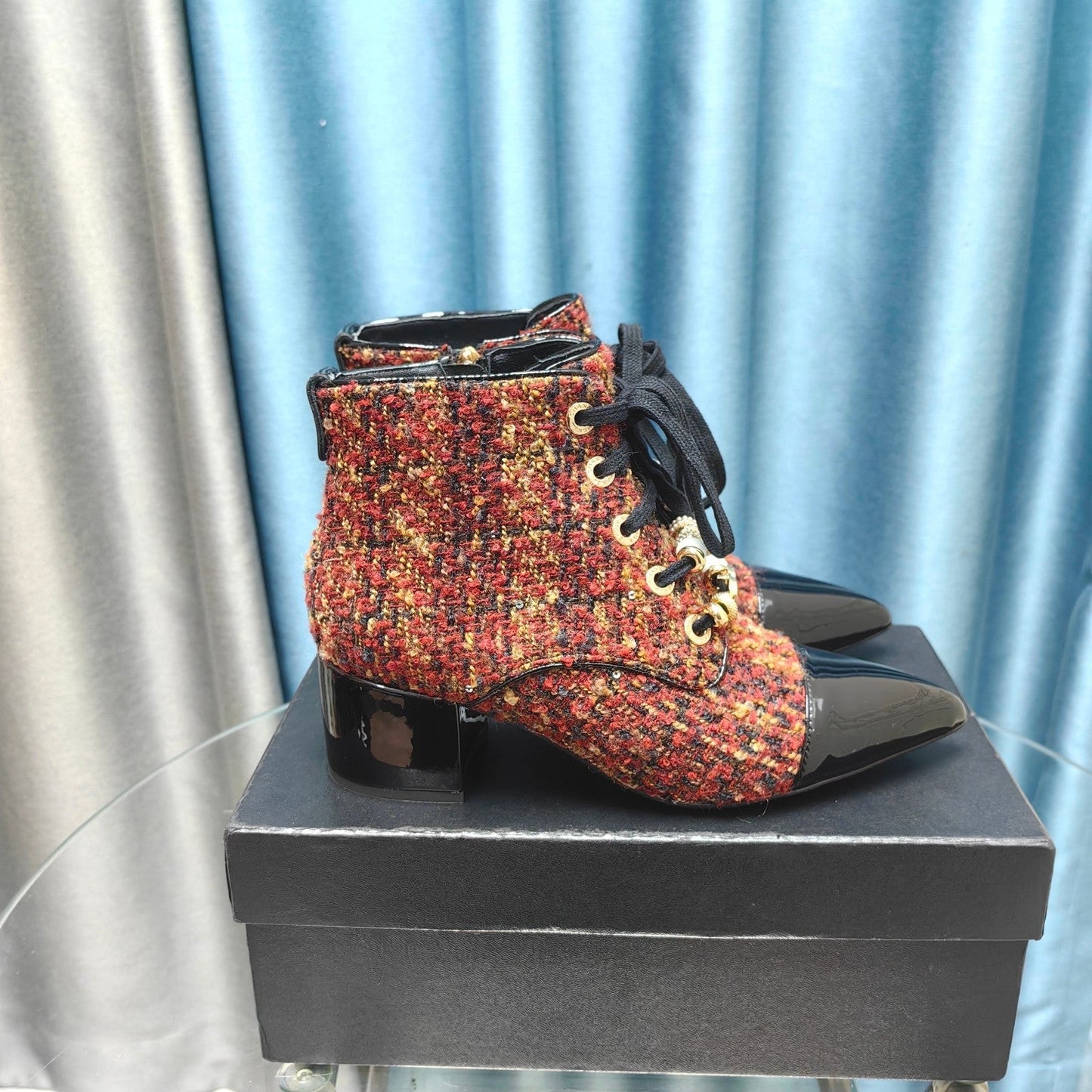 CHANEL Ankle Boots Red Orange Tweed Fabric And Lambskin