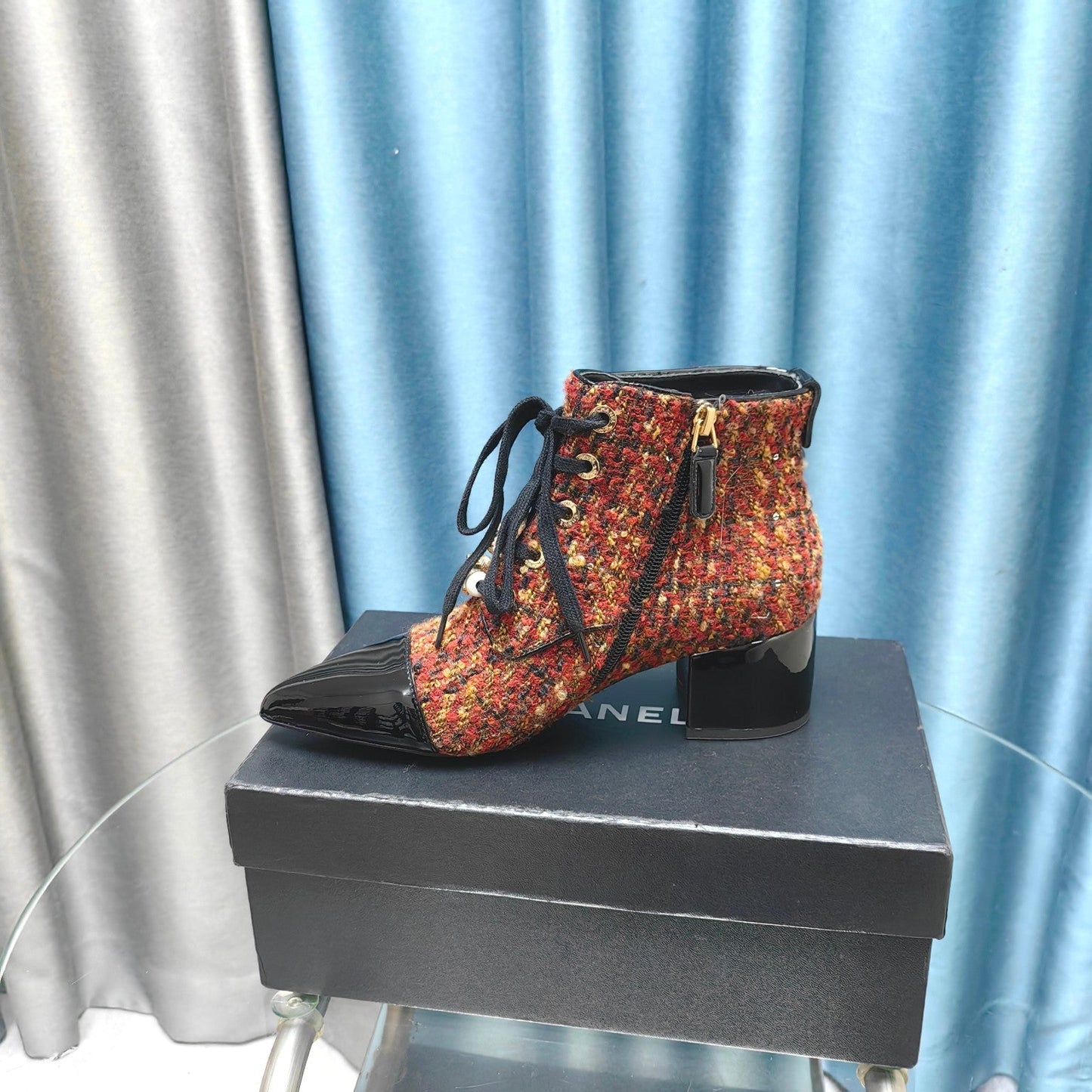 CHANEL Ankle Boots Red Orange Tweed Fabric And Lambskin
