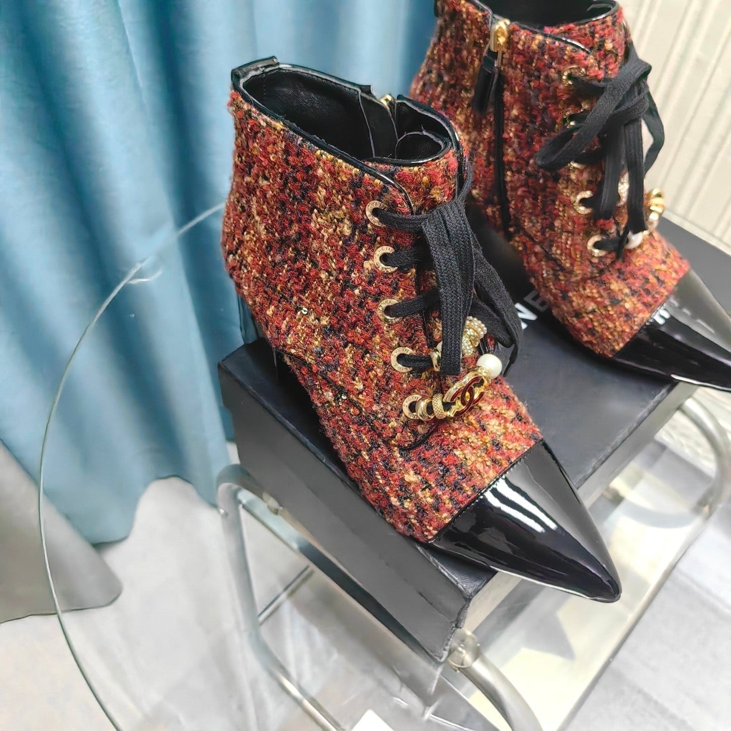 CHANEL Ankle Boots Red Orange Tweed Fabric And Lambskin