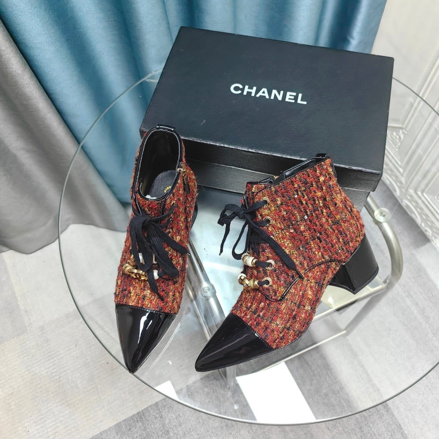 CHANEL Ankle Boots Red Orange Tweed Fabric And Lambskin