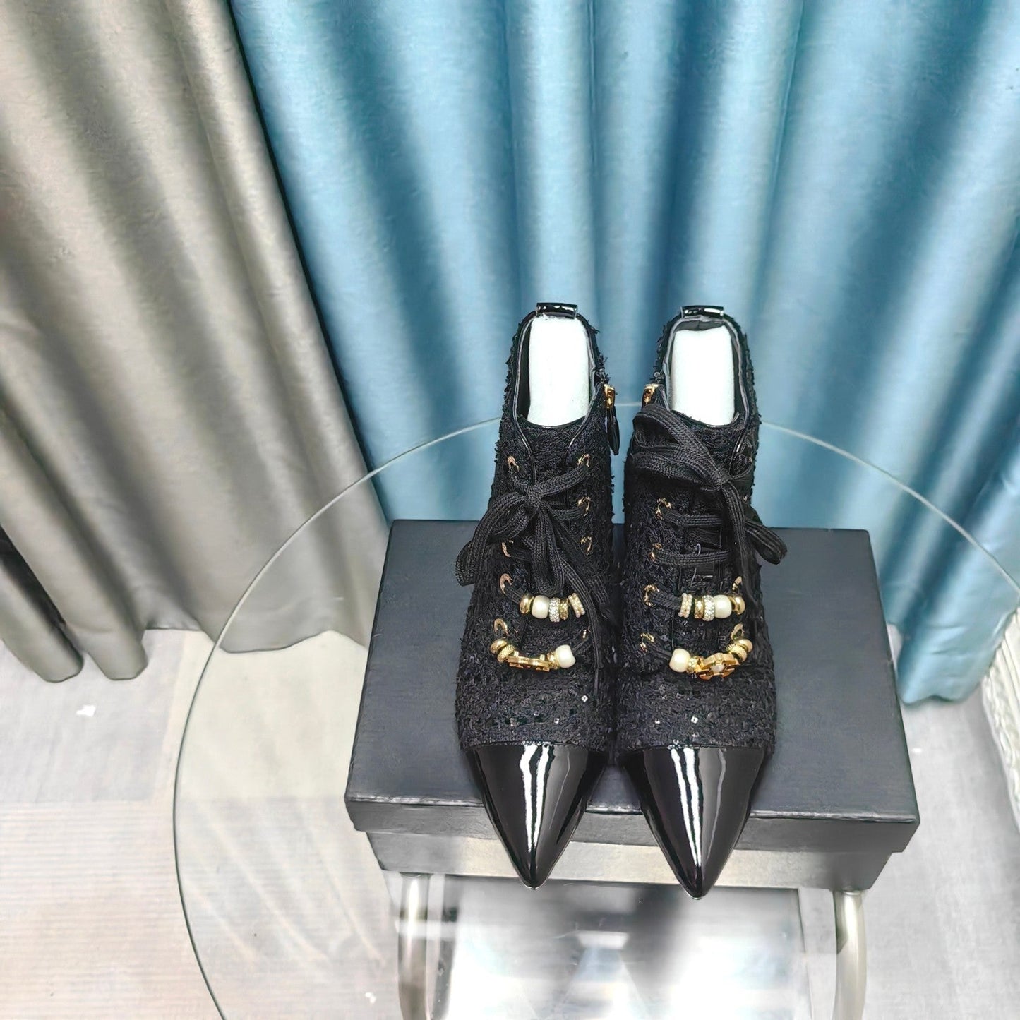CHANEL Ankle Boots Black Tweed Fabric And Lambskin