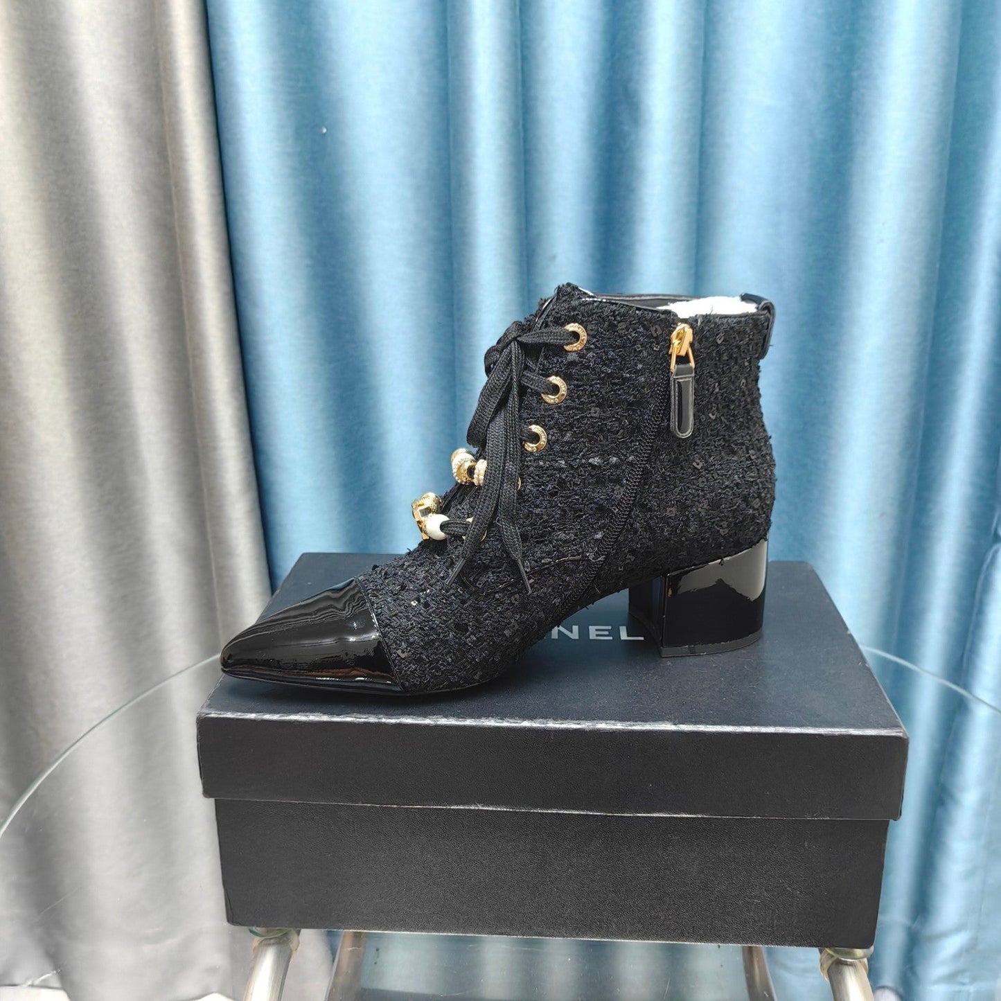 CHANEL Ankle Boots Black Tweed Fabric And Lambskin