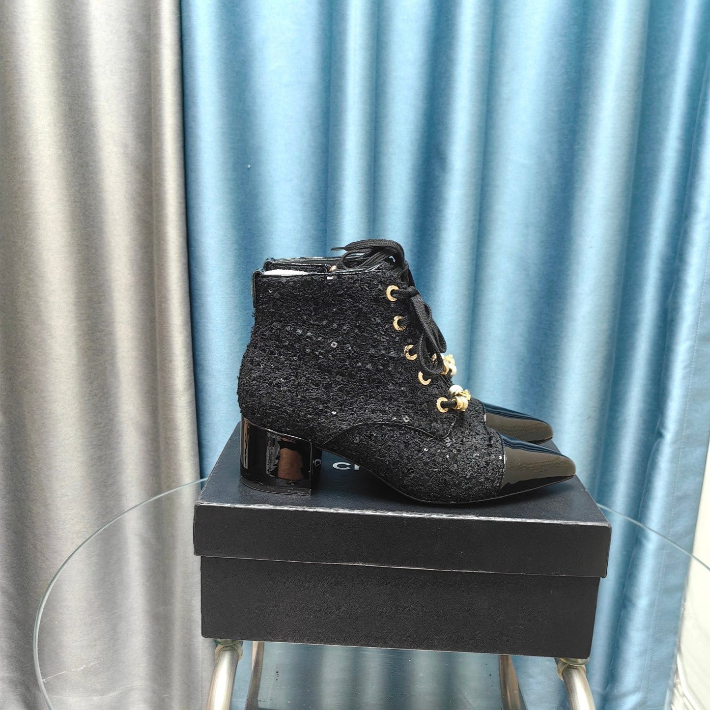 CHANEL Ankle Boots Black Tweed Fabric And Lambskin