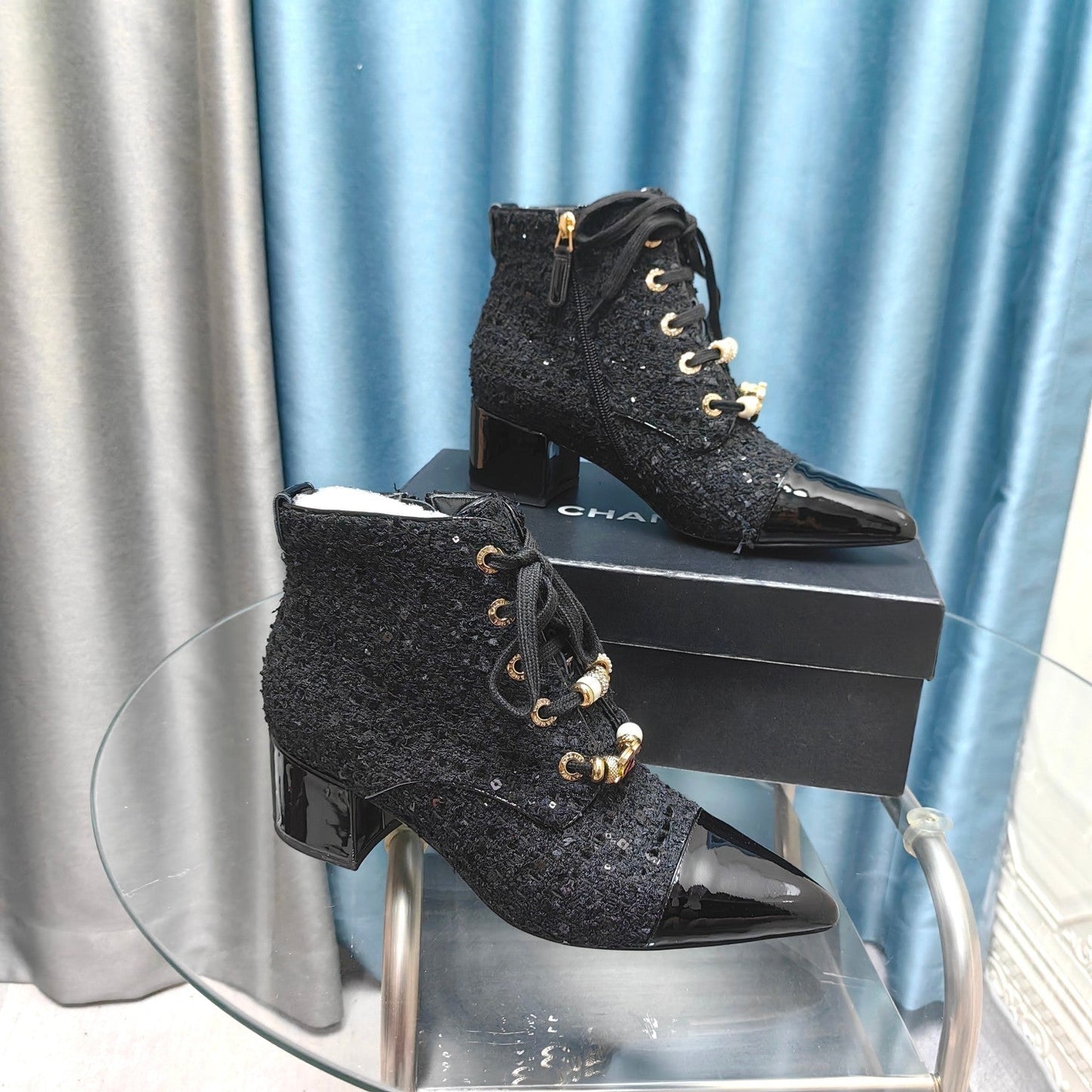 CHANEL Ankle Boots Black Tweed Fabric And Lambskin