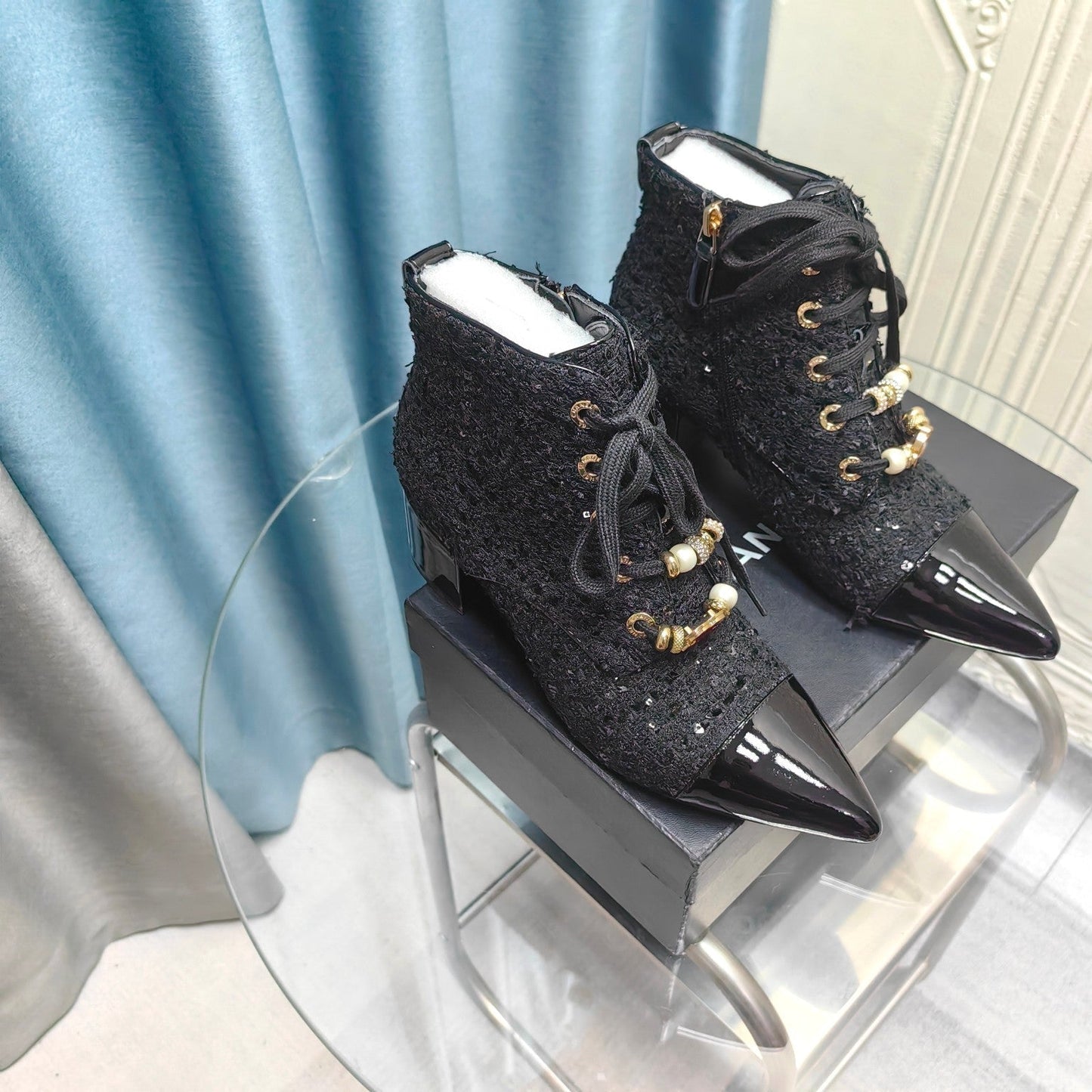 CHANEL Ankle Boots Black Tweed Fabric And Lambskin
