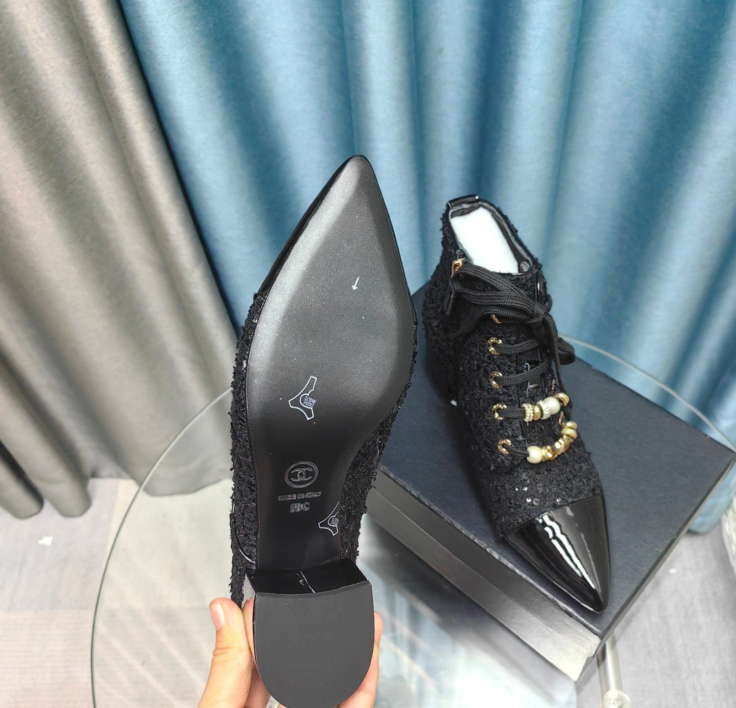 CHANEL Ankle Boots Black Tweed Fabric And Lambskin