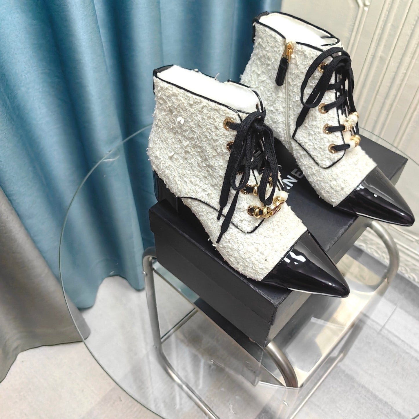 CHANEL Ankle Boots White Tweed Fabric And Lambskin