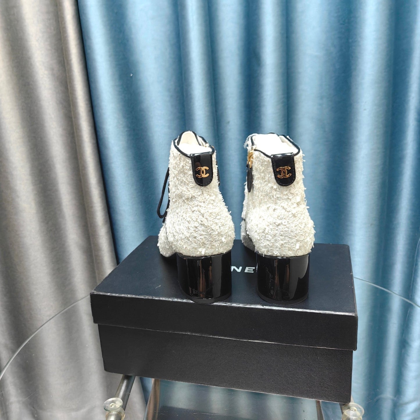 CHANEL Ankle Boots White Tweed Fabric And Lambskin