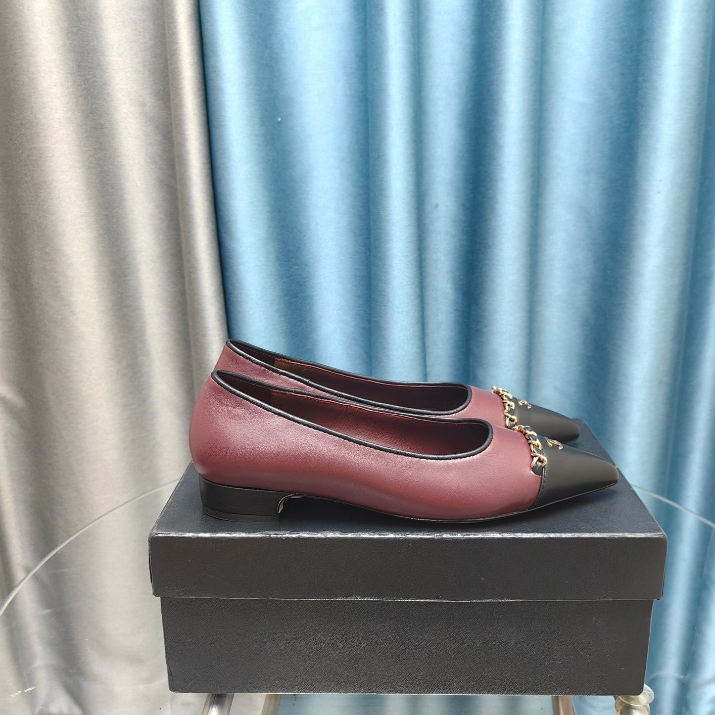 CHANEL Ballet Flats Burgundy Chain Lambskin