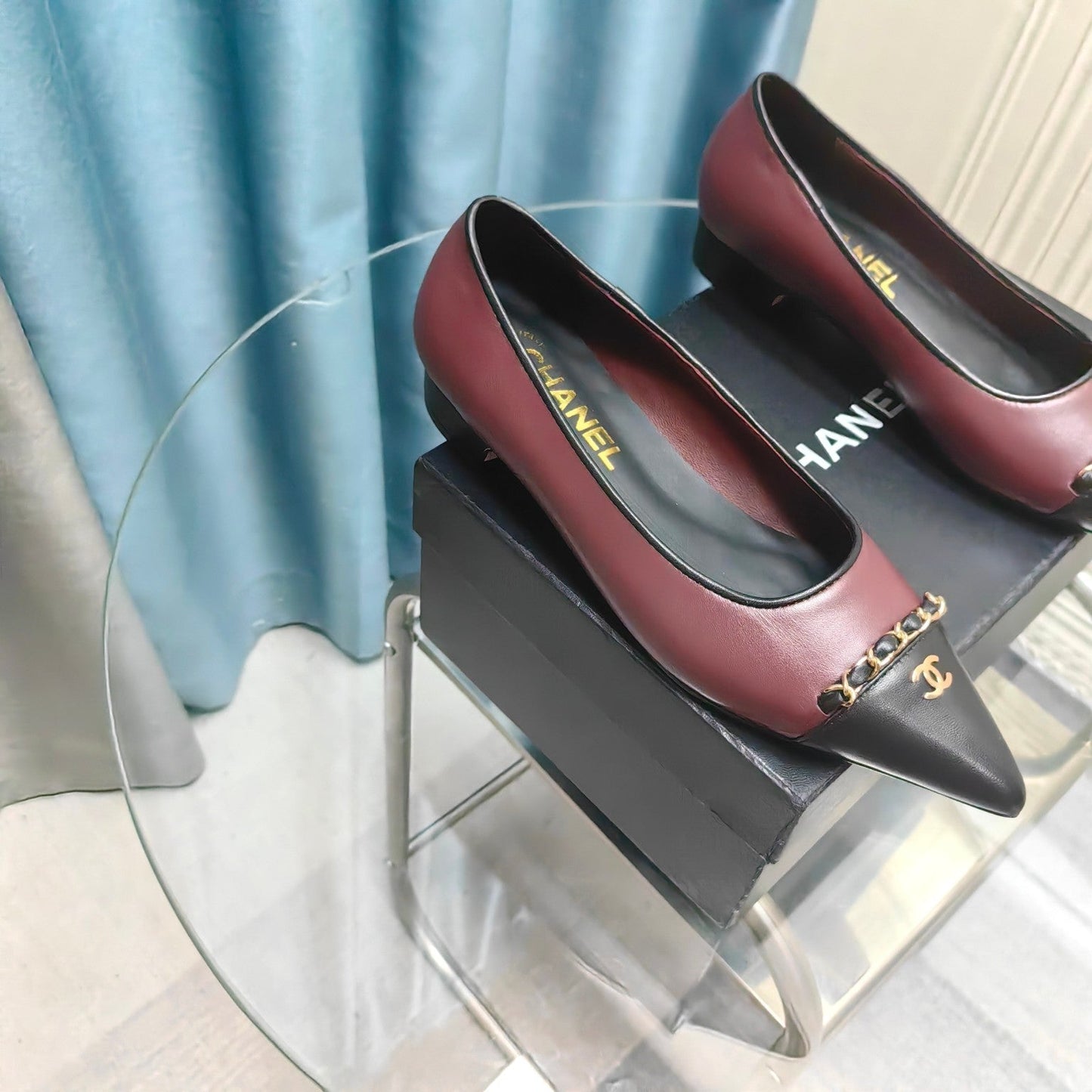 CHANEL Ballet Flats Burgundy Chain Lambskin