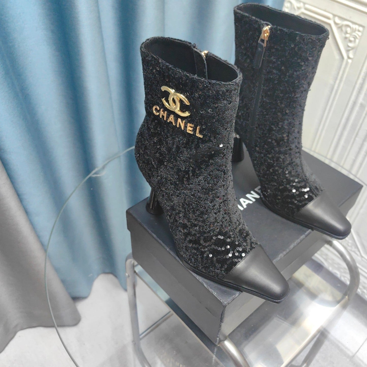 CHANEL Ankle Boots Black Beaded Fabric And Cowhide