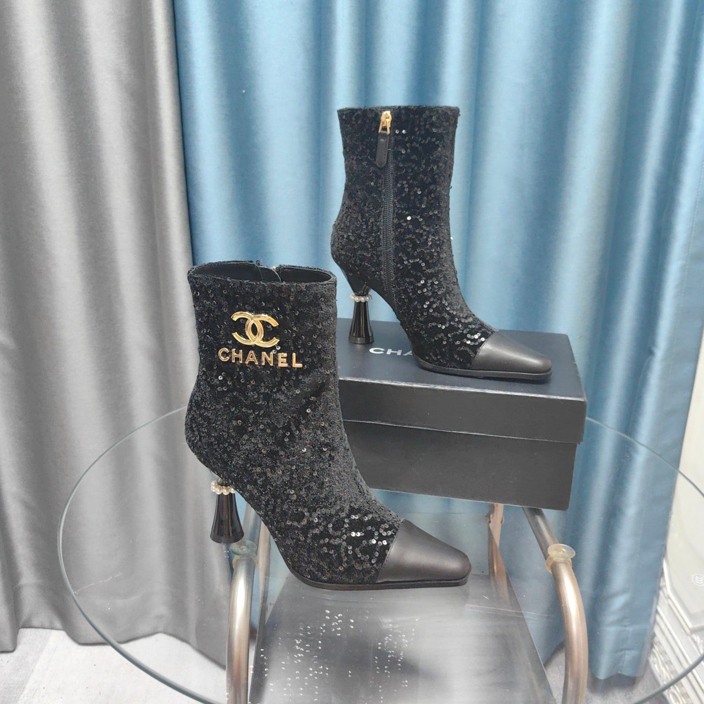 CHANEL Ankle Boots Black Beaded Fabric And Cowhide