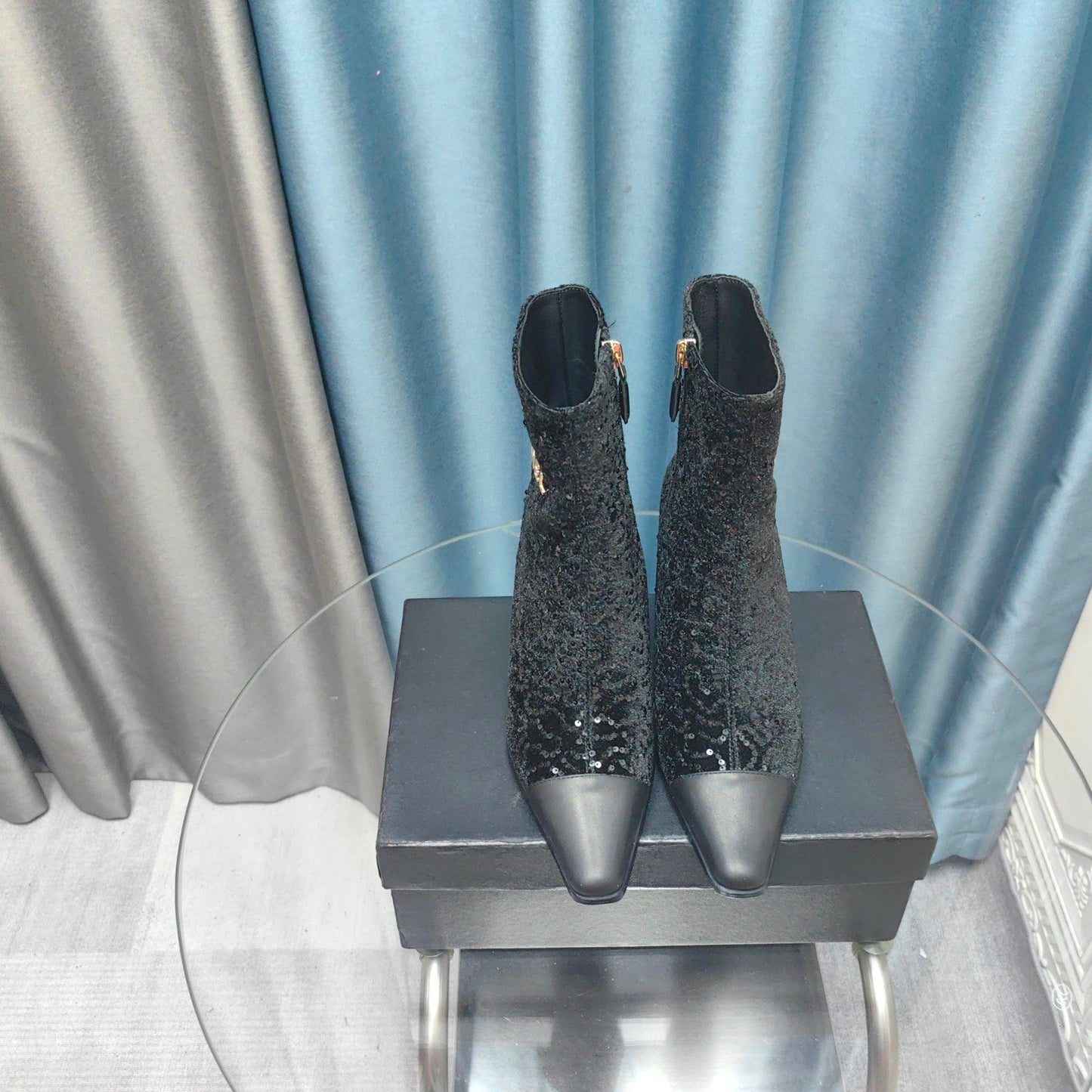CHANEL Ankle Boots Black Beaded Fabric And Cowhide