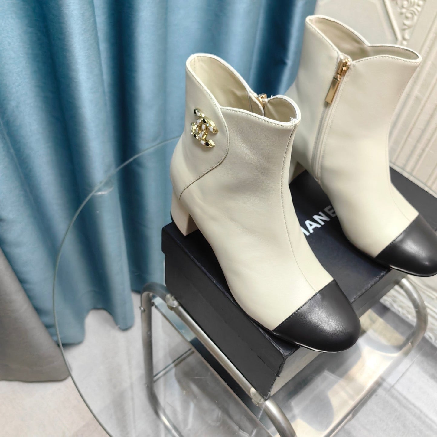 CHANEL Ankle Boots White Cowhide