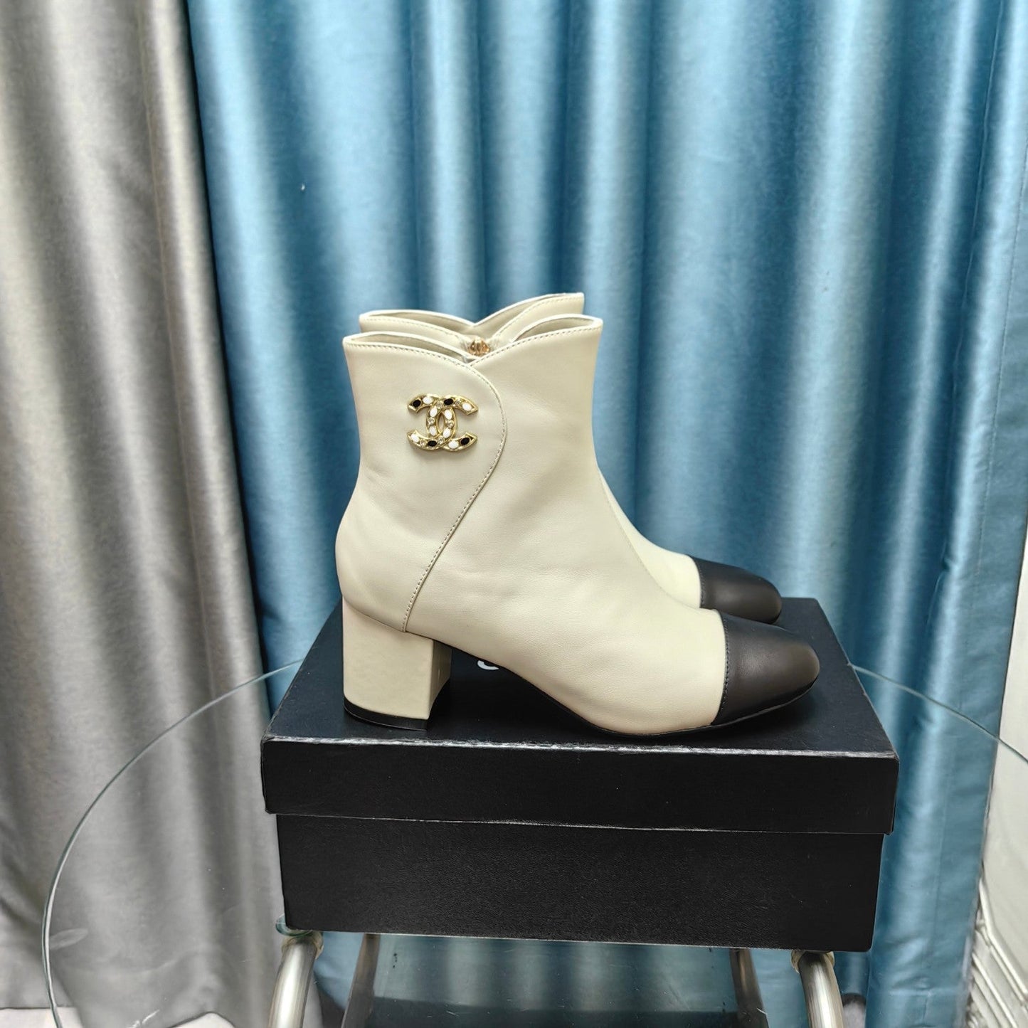 CHANEL Ankle Boots White Cowhide