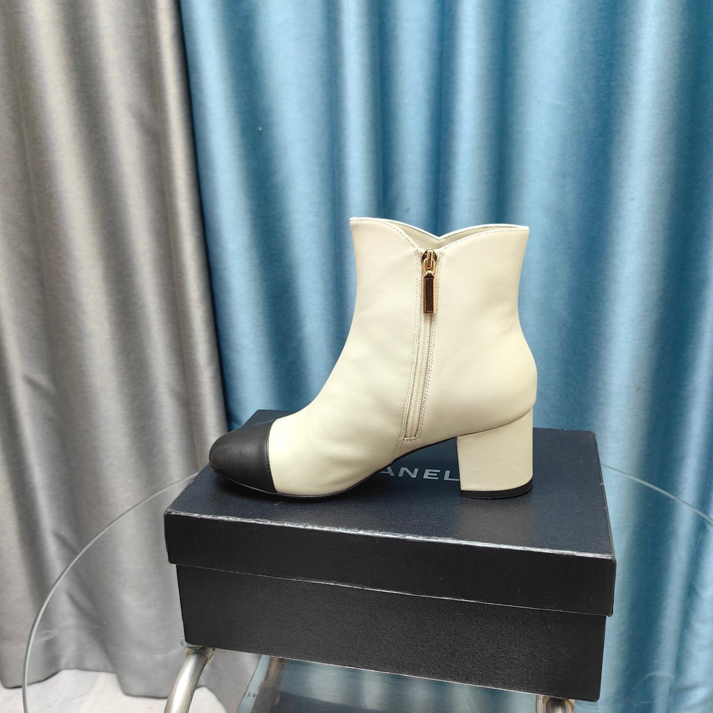 CHANEL Ankle Boots White Cowhide