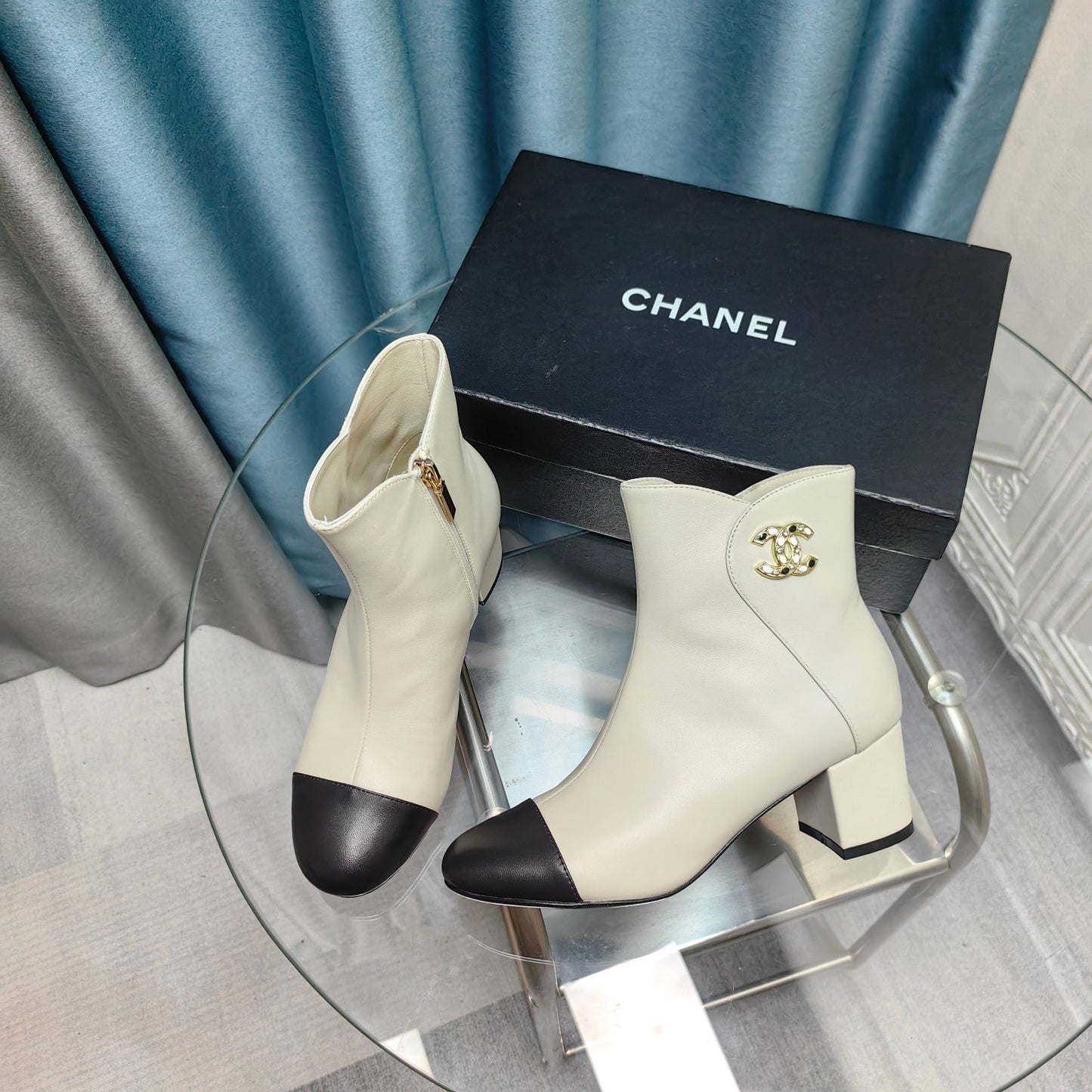 CHANEL Ankle Boots White Cowhide