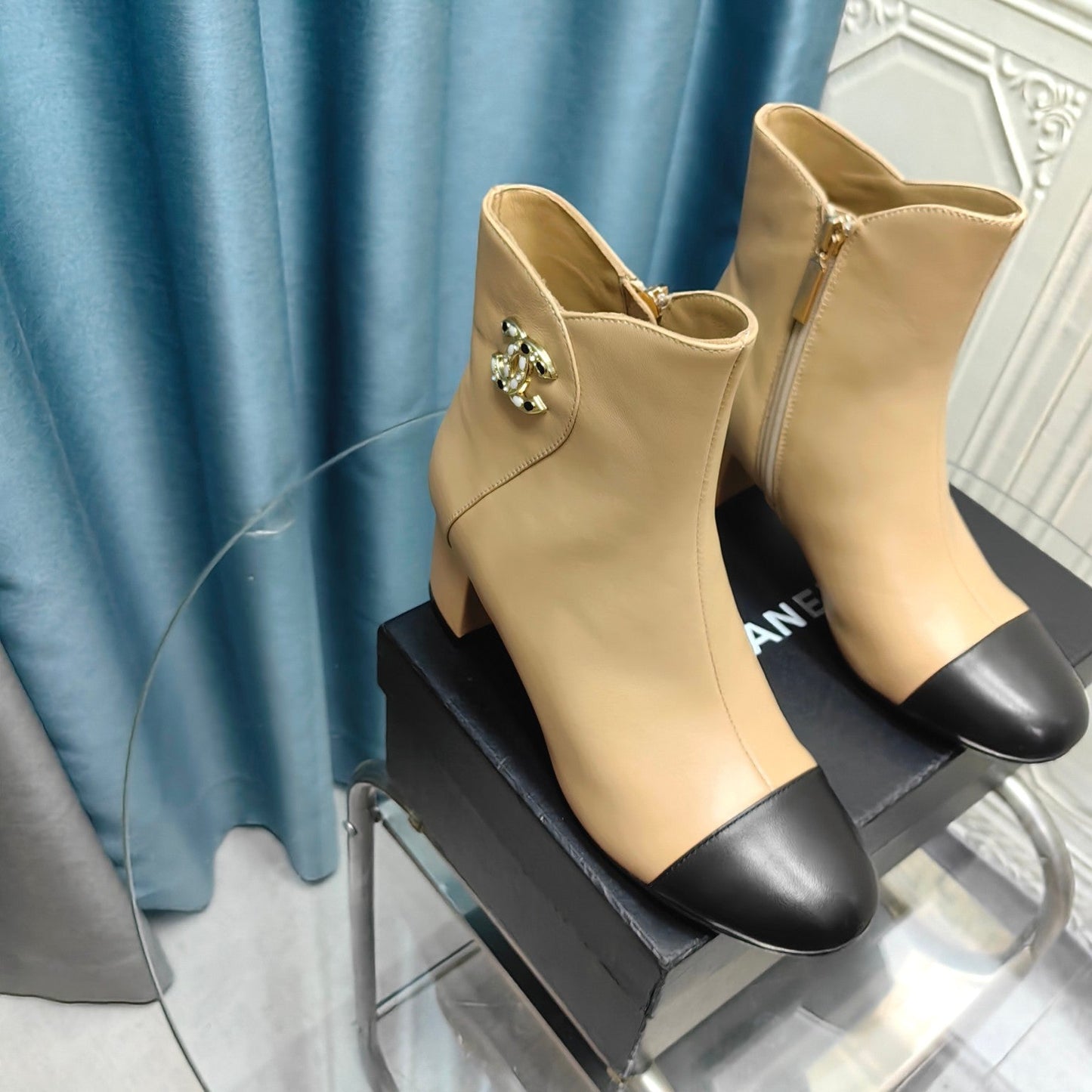 CHANEL Ankle Boots Beige Cowhide