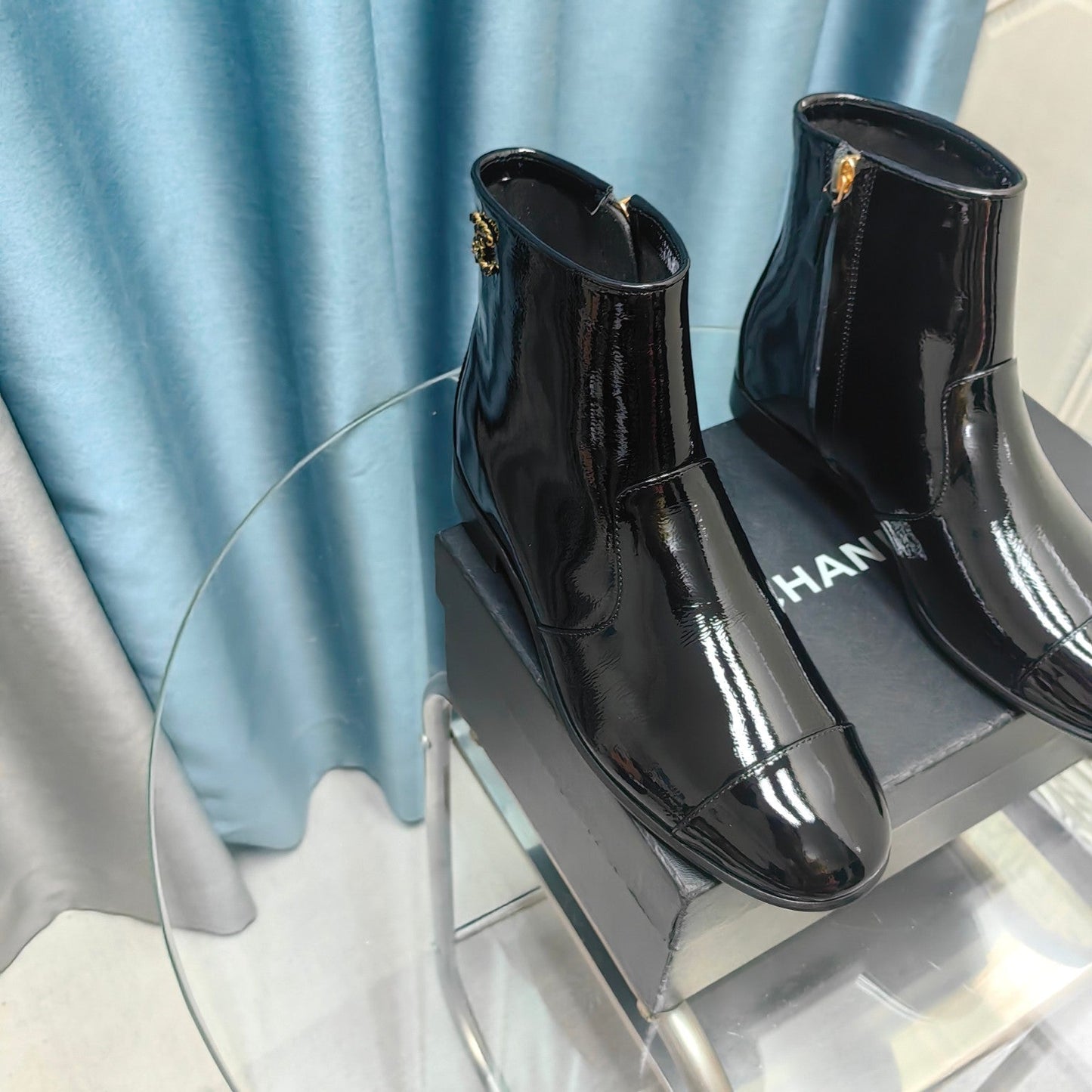 CHANEL Ankle Boots Glossy Black Calfskin