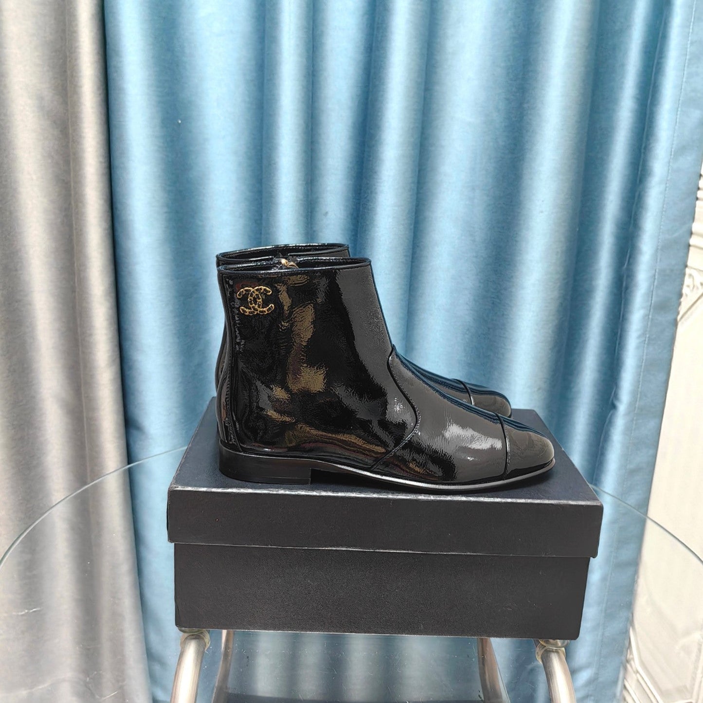 CHANEL Ankle Boots Glossy Black Calfskin