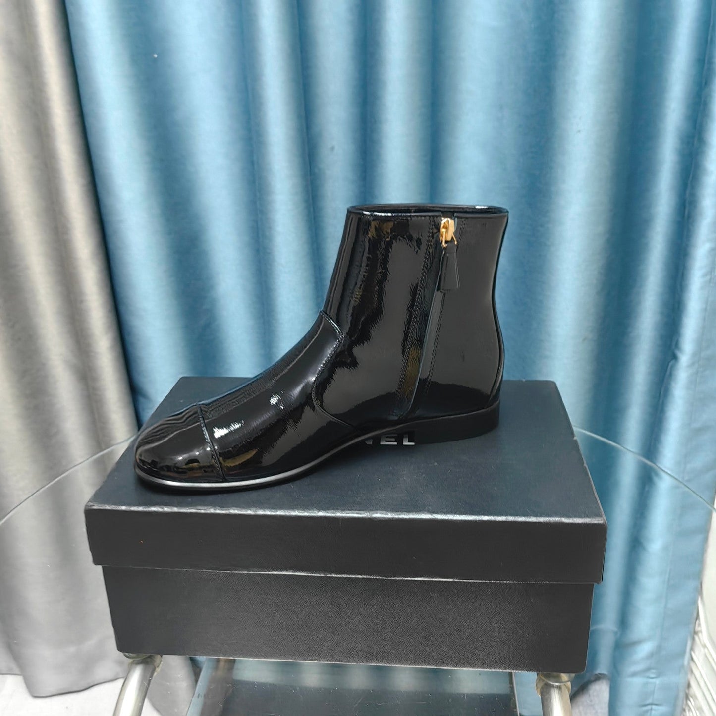 CHANEL Ankle Boots Glossy Black Calfskin