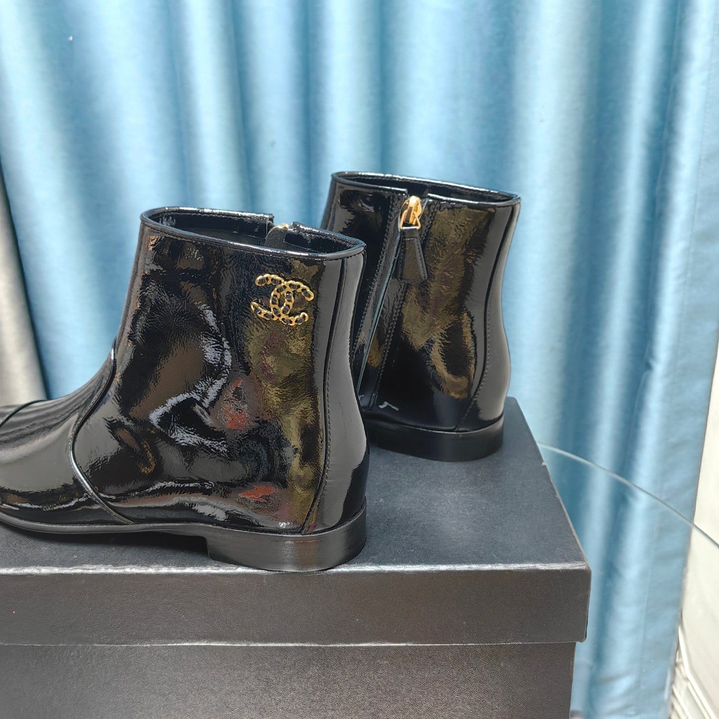 CHANEL Ankle Boots Glossy Black Calfskin