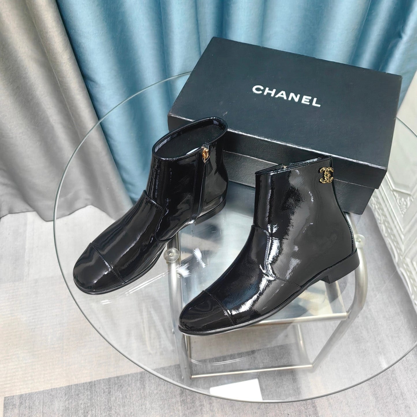 CHANEL Ankle Boots Glossy Black Calfskin