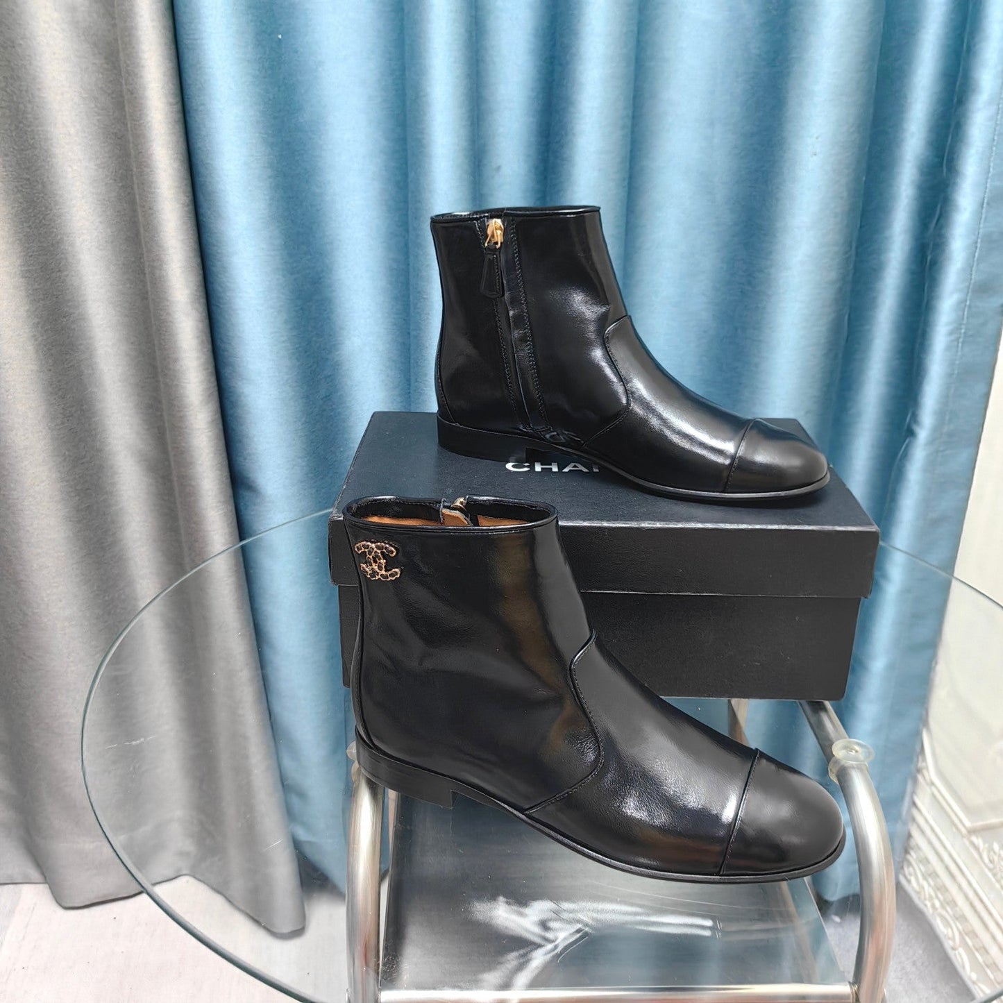 CHANEL Ankle Boots Plain Black Calfskin