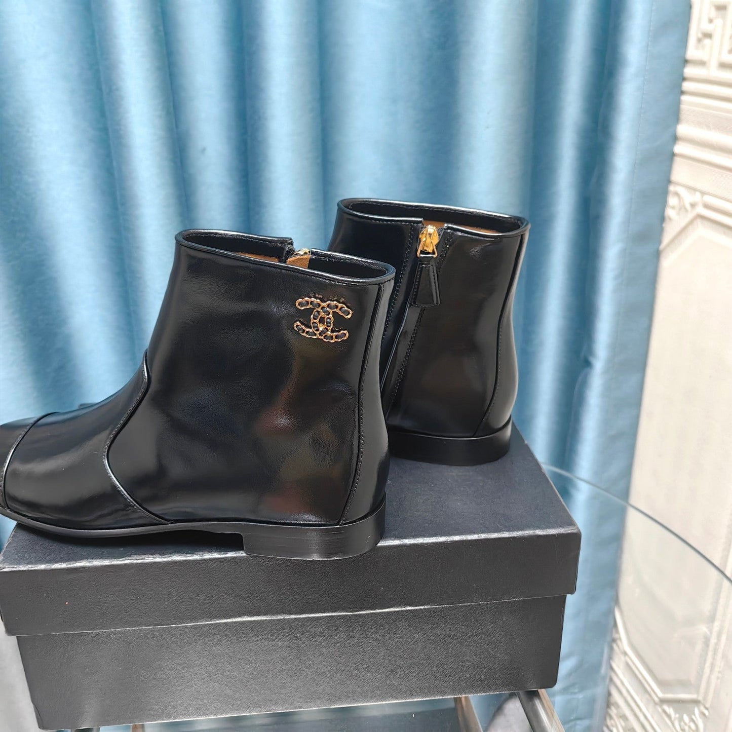 CHANEL Ankle Boots Plain Black Calfskin