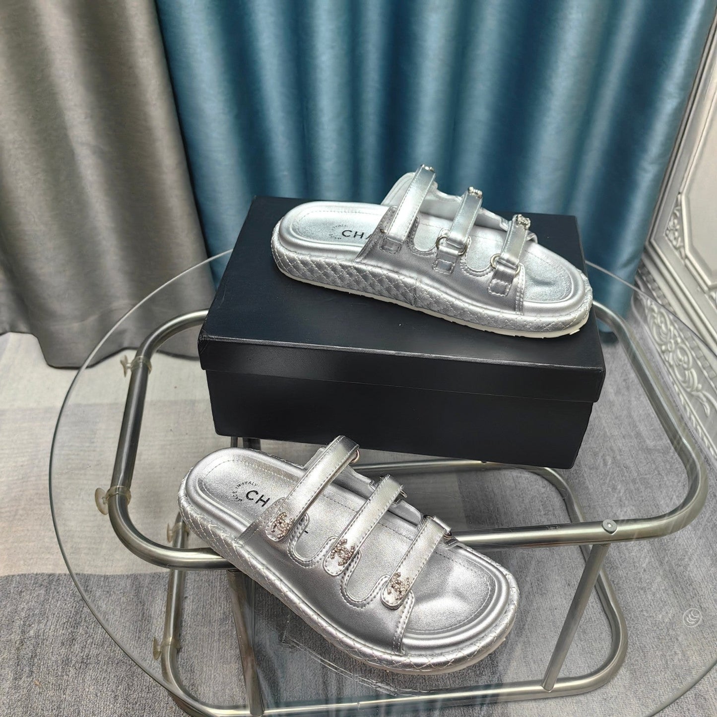 CHANEL 25C Sandal Triple Straps Silver Calfskin