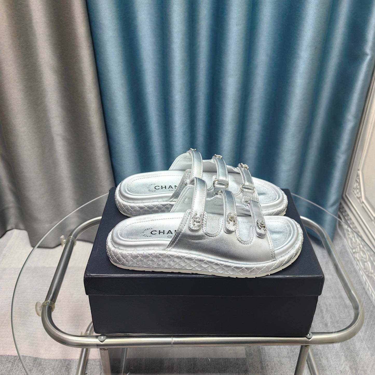 CHANEL 25C Sandal Triple Straps Silver Calfskin