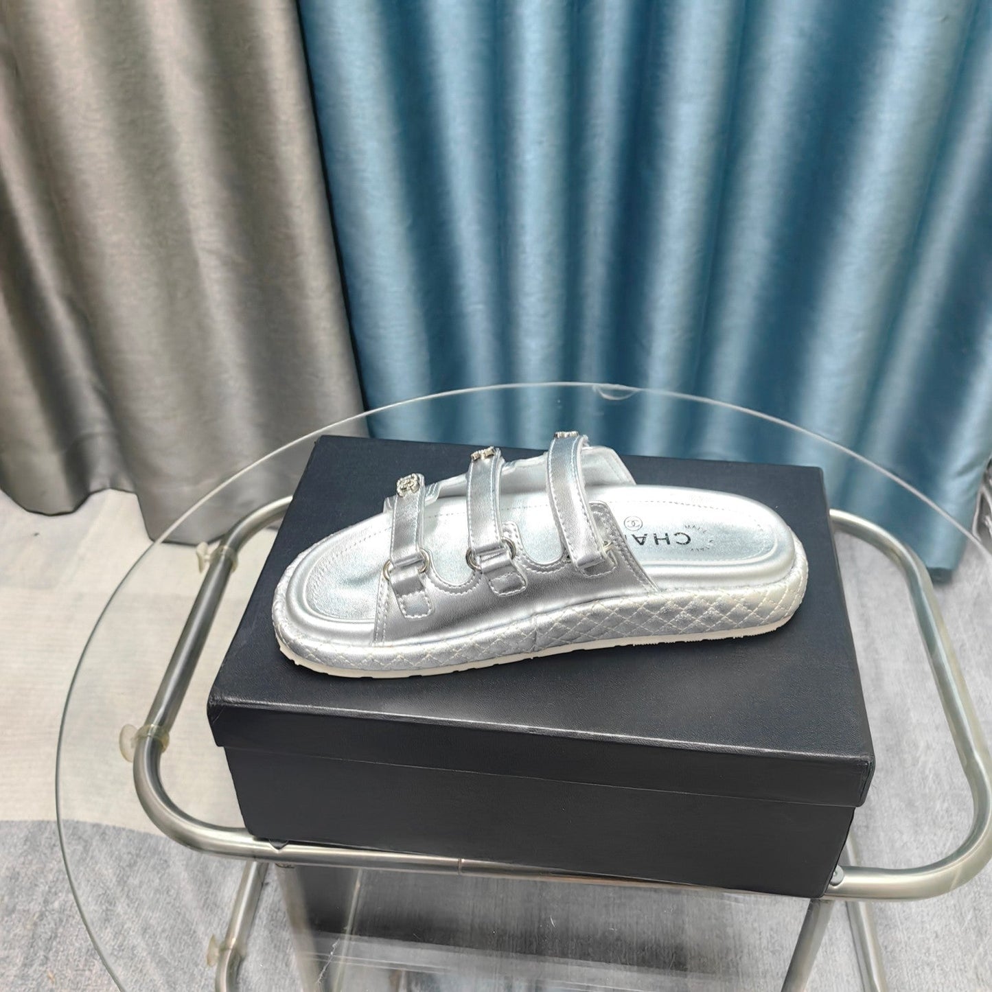 CHANEL 25C Sandal Triple Straps Silver Calfskin