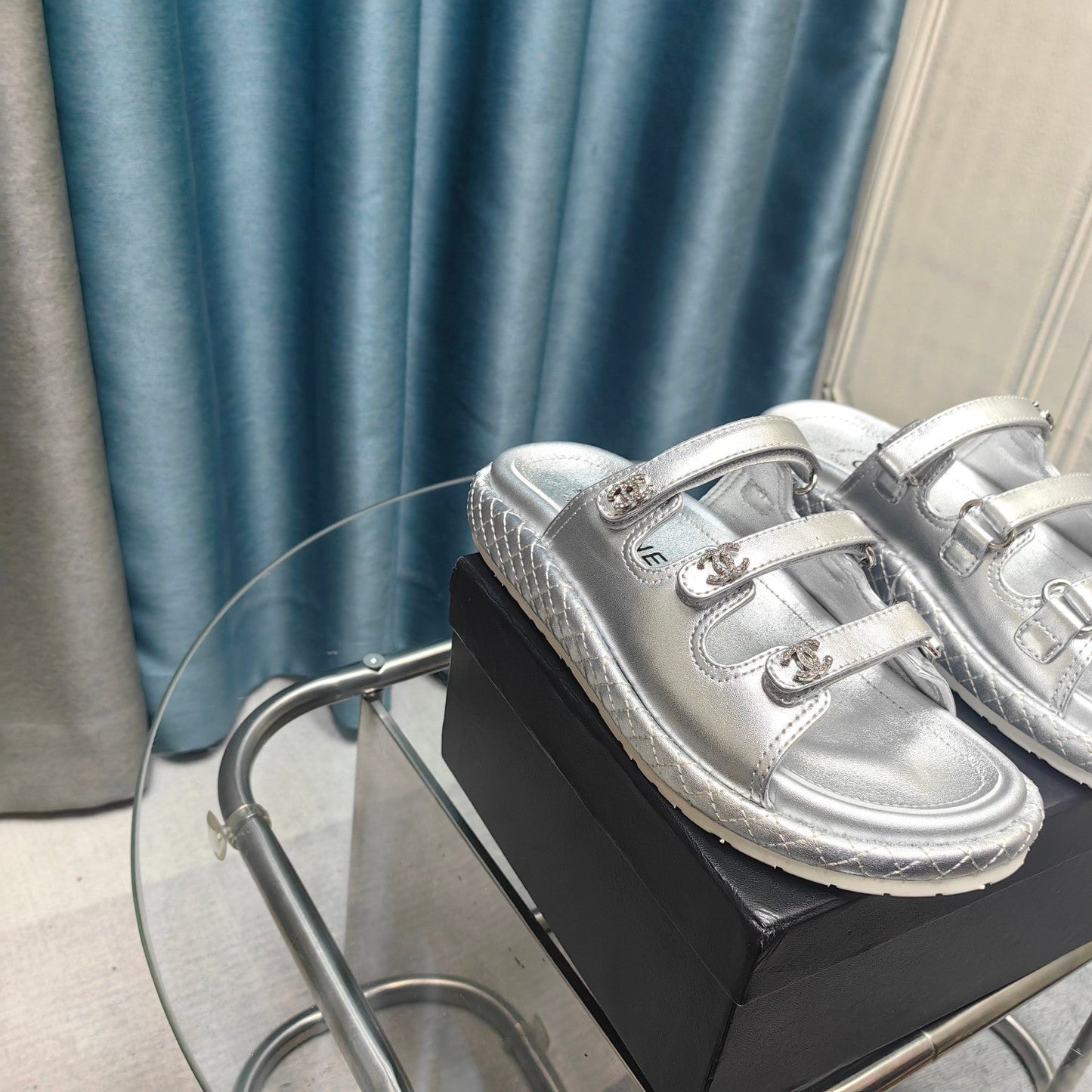 CHANEL 25C Sandal Triple Straps Silver Calfskin