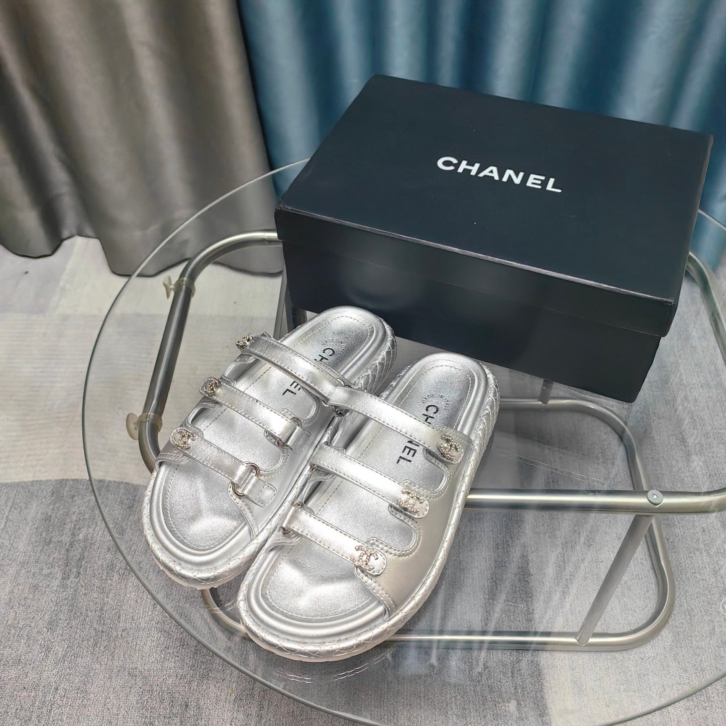 CHANEL 25C Sandal Triple Straps Silver Calfskin