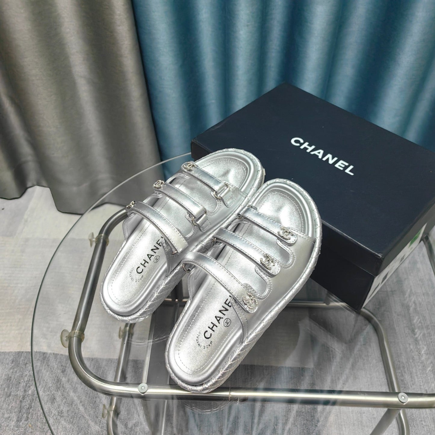 CHANEL 25C Sandal Triple Straps Silver Calfskin
