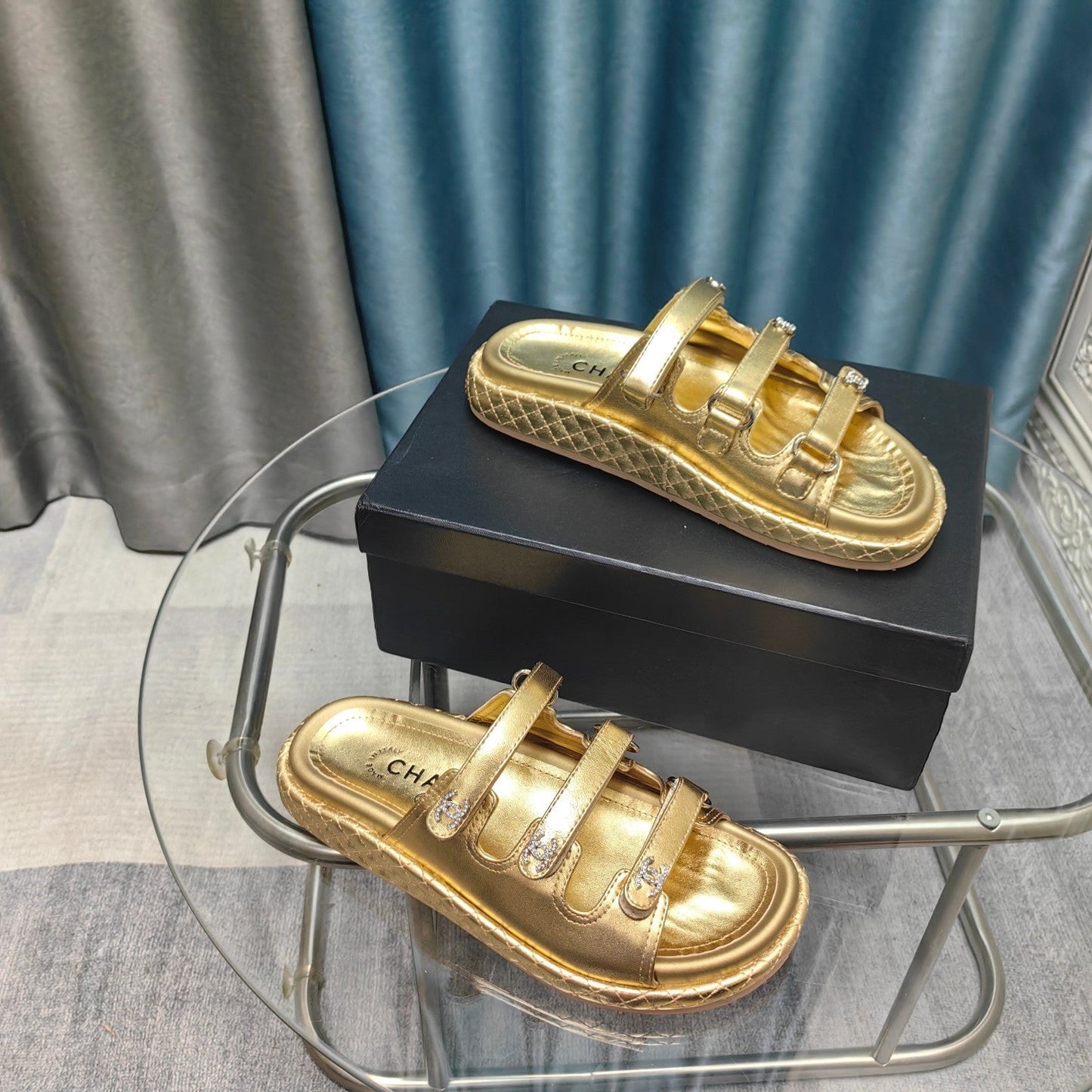 CHANEL 25C Sandal Triple Straps Gold Calfskin