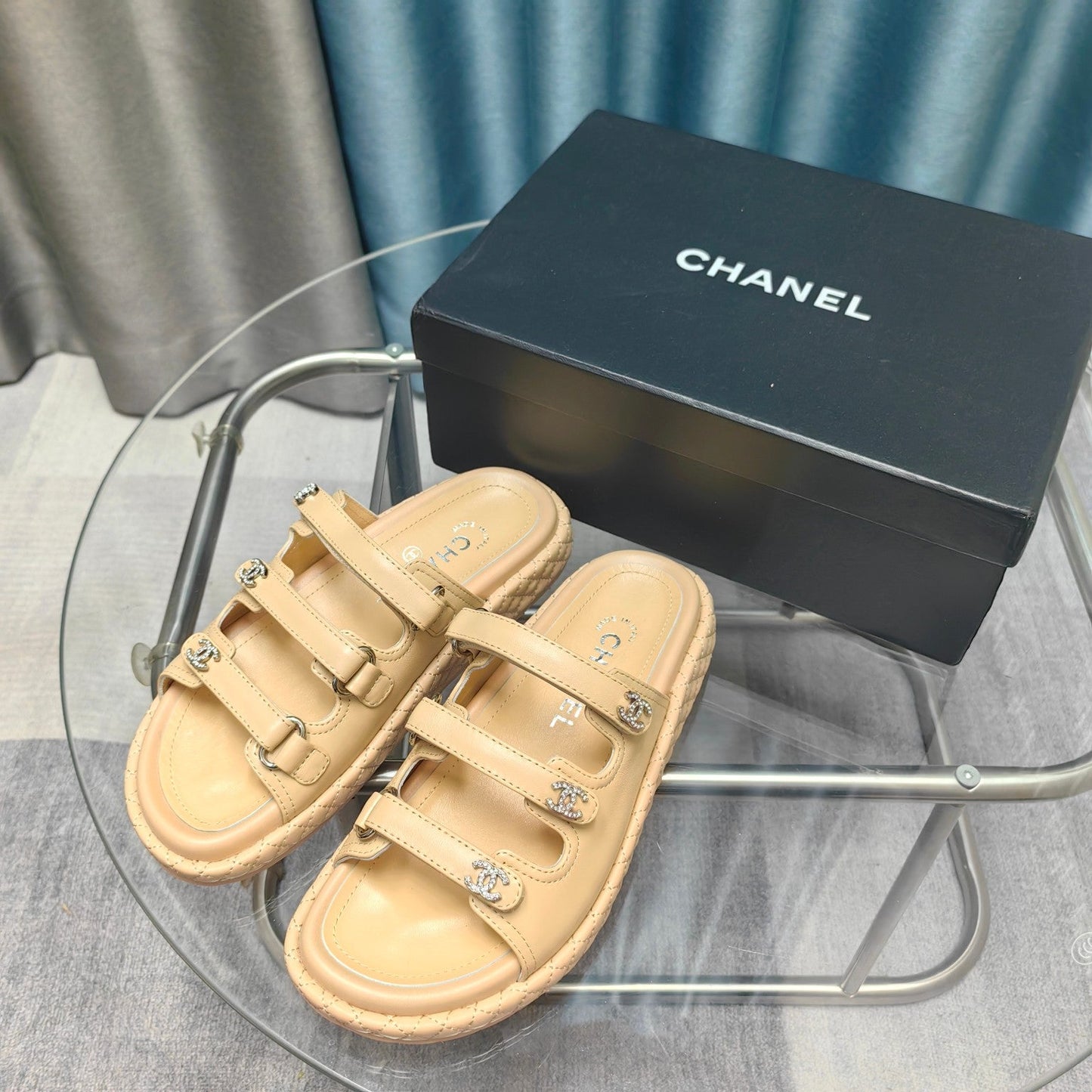 CHANEL 25C Sandal Triple Straps Beige Calfskin